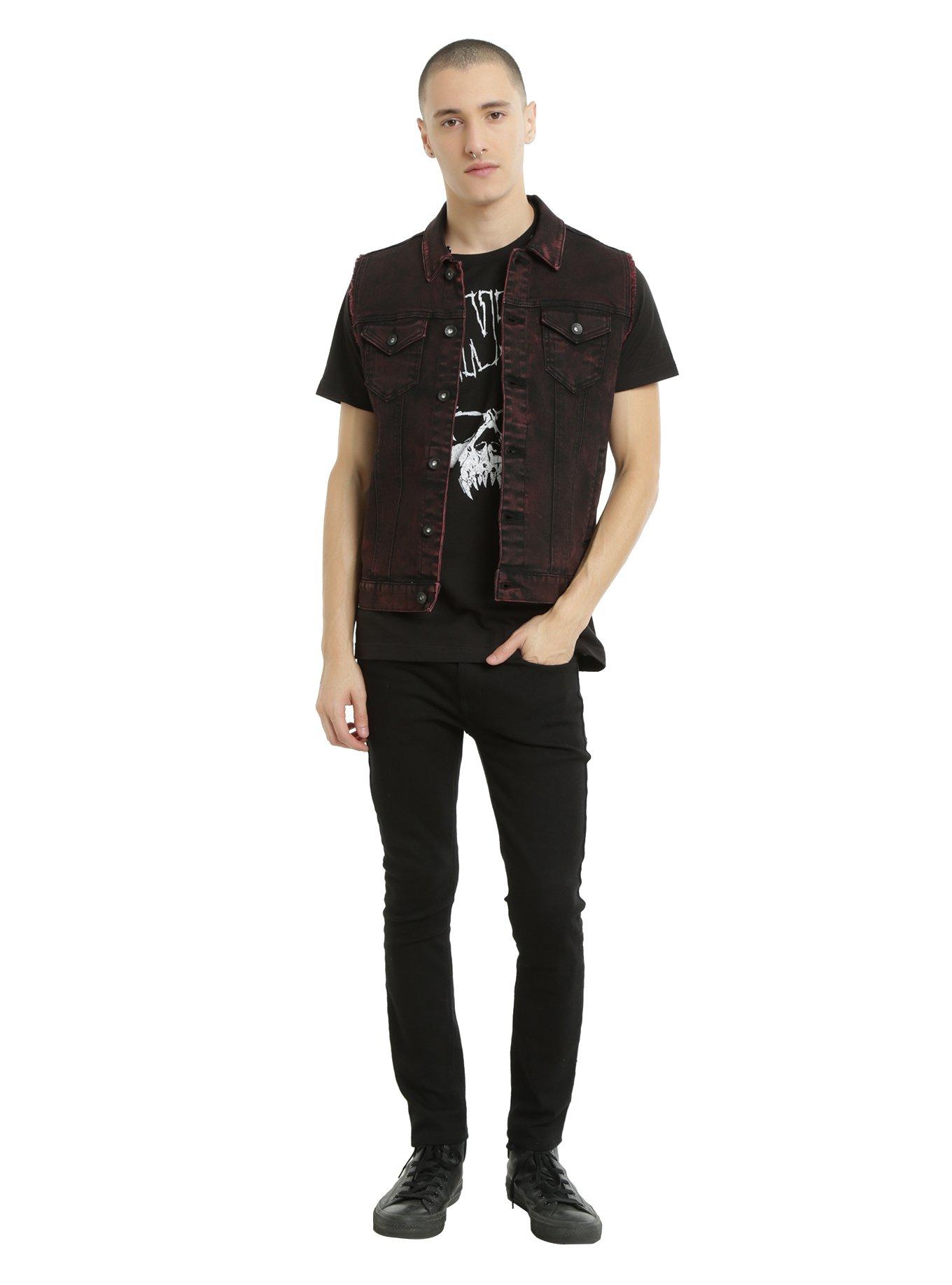 XXX RUDE Black Hooded Red Wash Denim Vest, , alternate