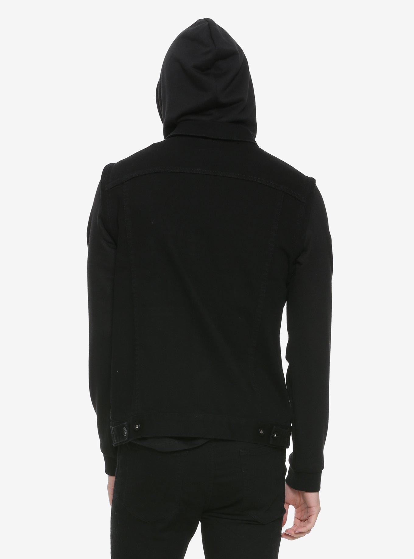 XXX RUDE Black Denim Black Jersey Hooded Jacket, BLACK, alternate