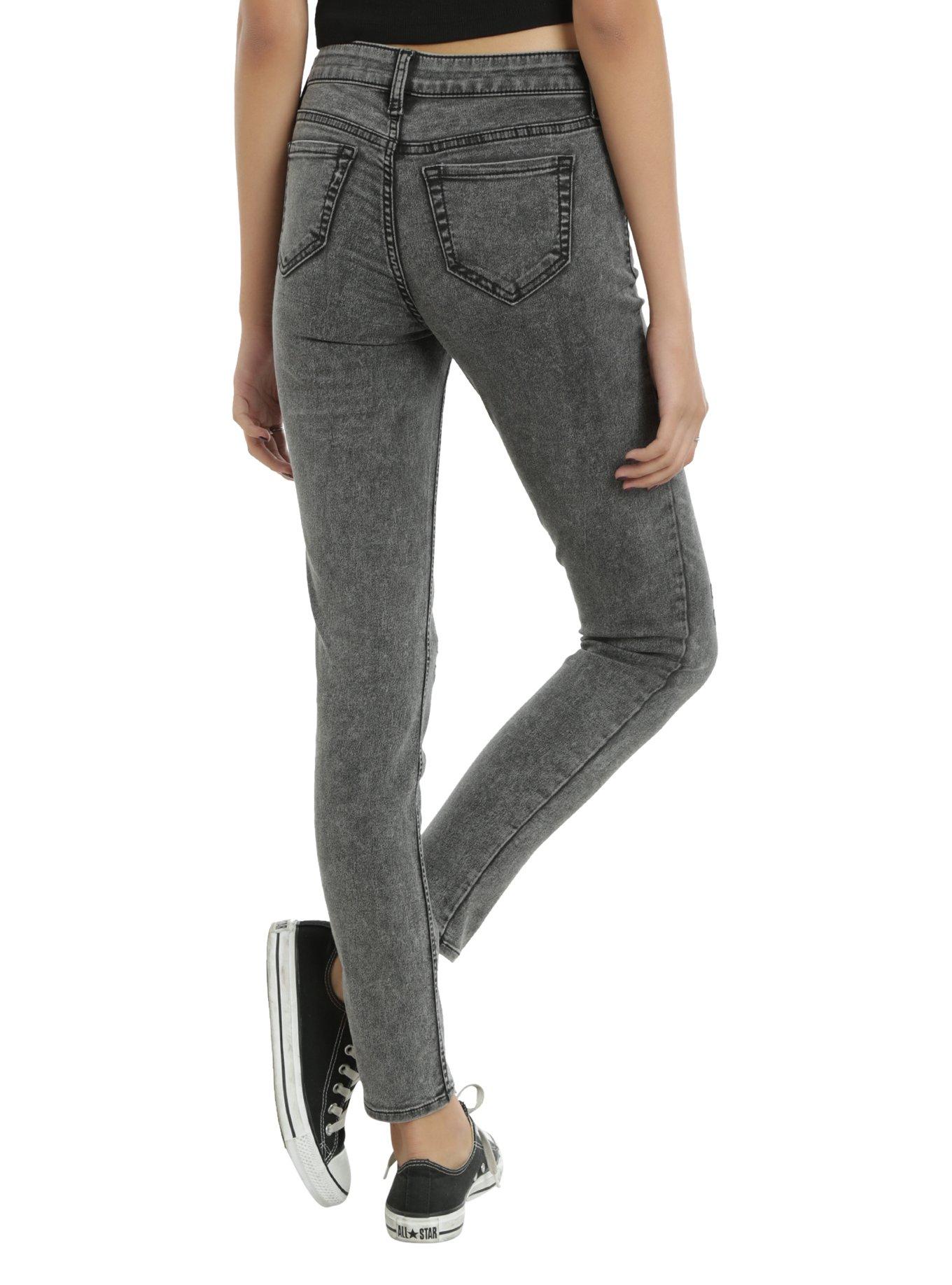 Blackheart Grey Skull Knee Skinny Jeans, , alternate