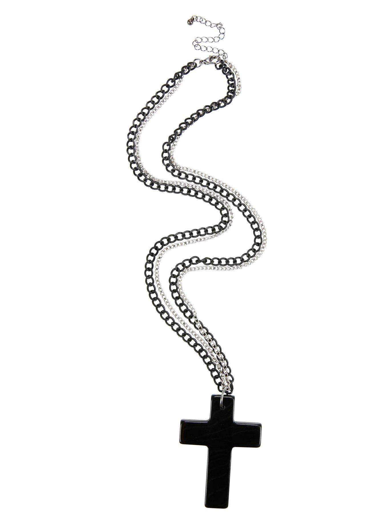 Double Chain Large Black Cross Necklace, , alternate