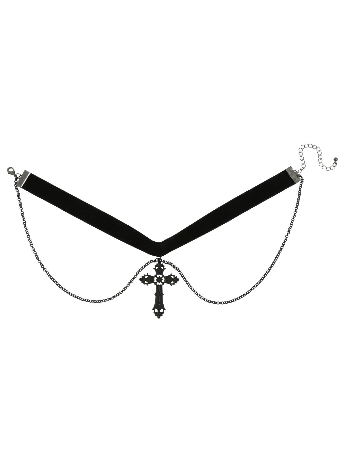 Blackheart Black Cross Layered Chain Velvet Choker, , alternate