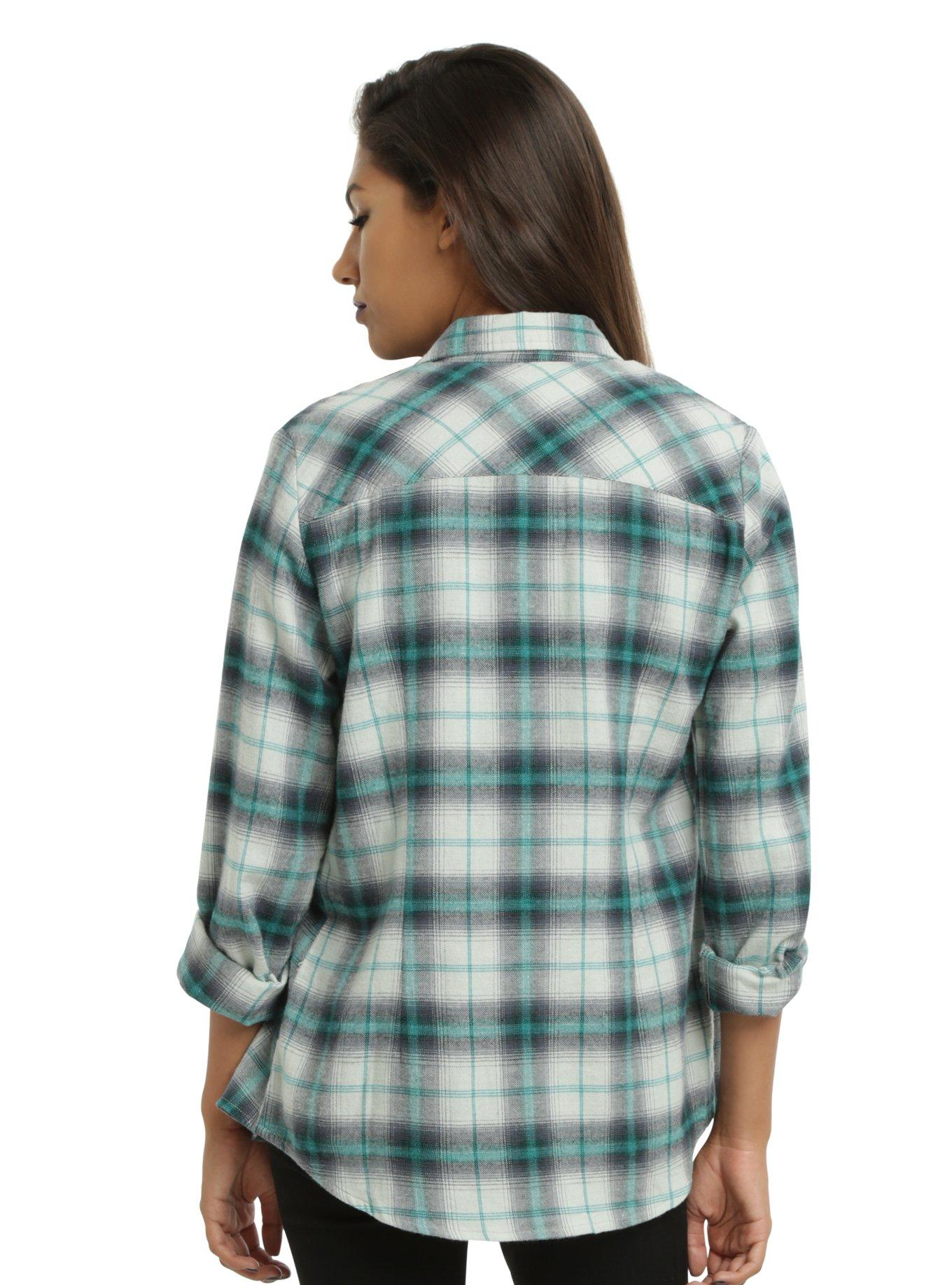 Grey & Teal Plaid Girls Woven Button-Up, , alternate