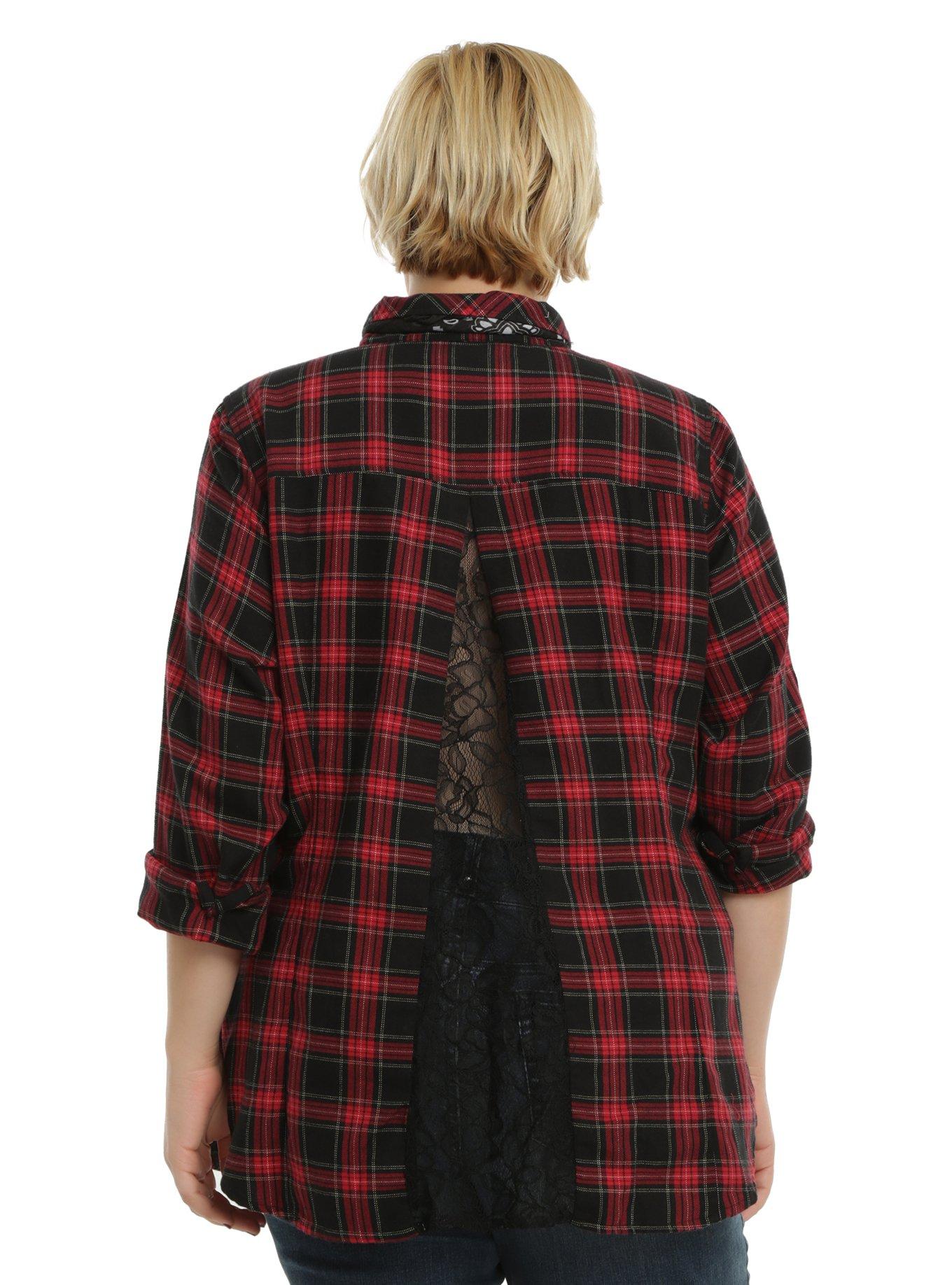 Red & Black Plaid Lace Girls Woven Button-Up Plus Size, , alternate