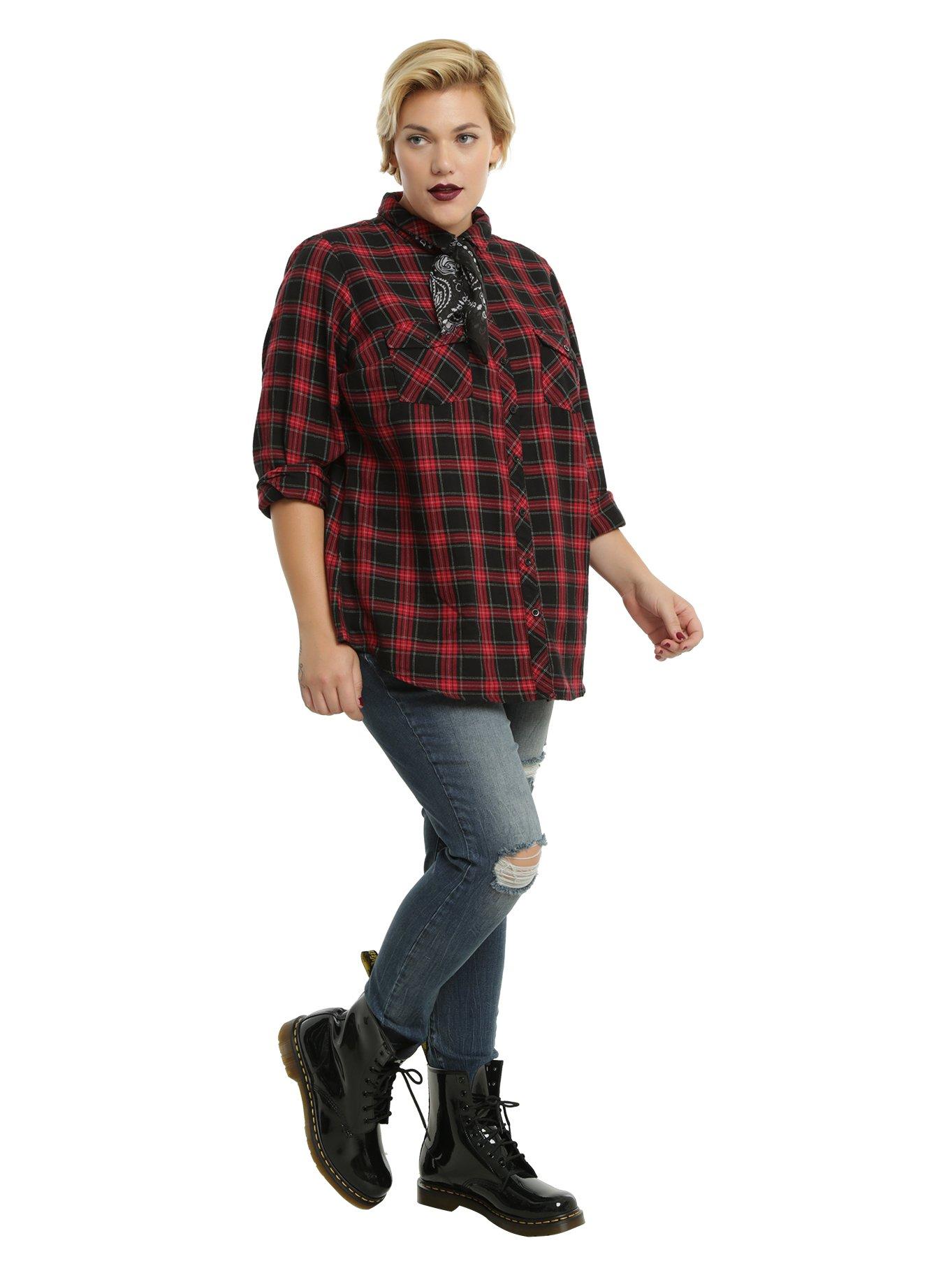 Red & Black Plaid Lace Girls Woven Button-Up Plus Size, , alternate