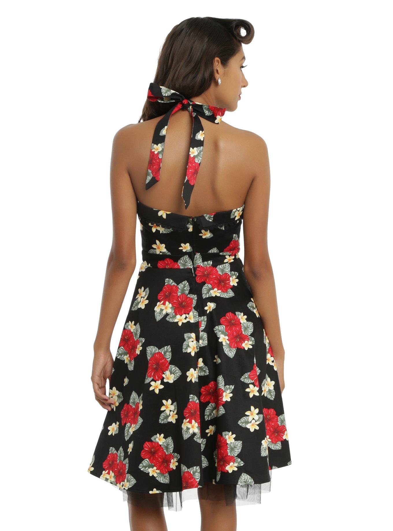 Black Hibiscus Flower Halter Swing Dress, , alternate