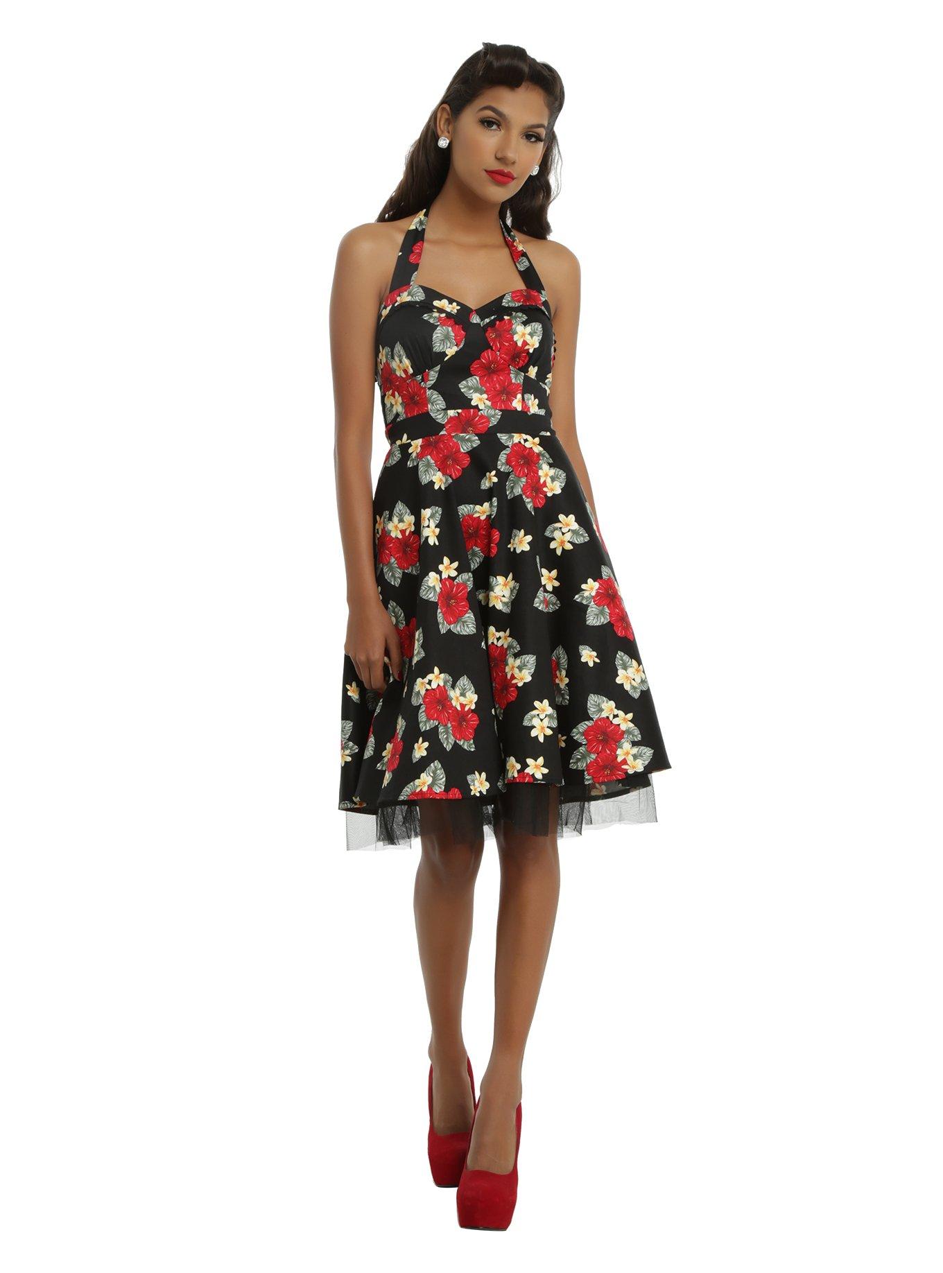 Black Hibiscus Flower Halter Swing Dress, , alternate