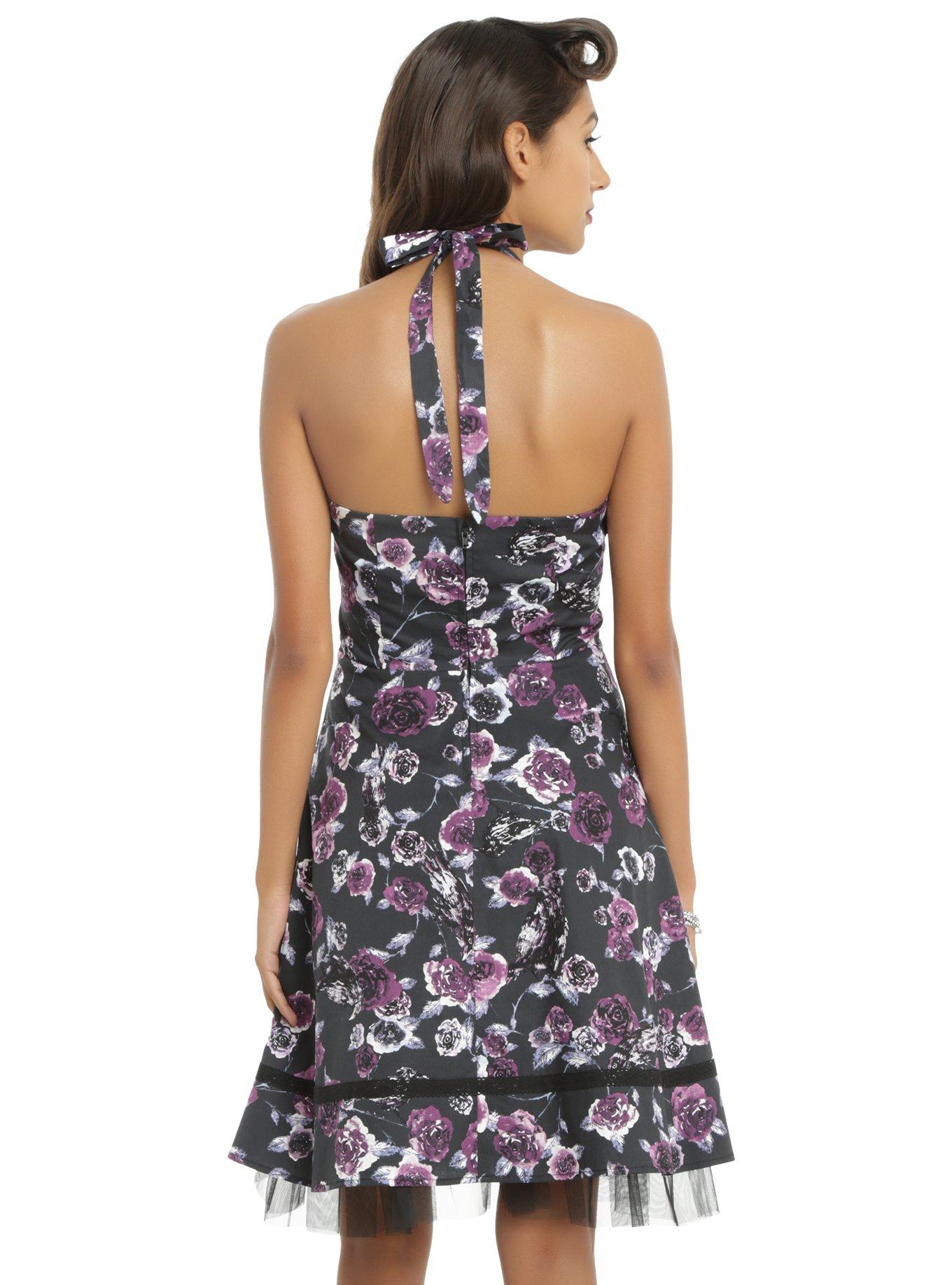 Black & Purple Floral Raven Halter Dress, , alternate