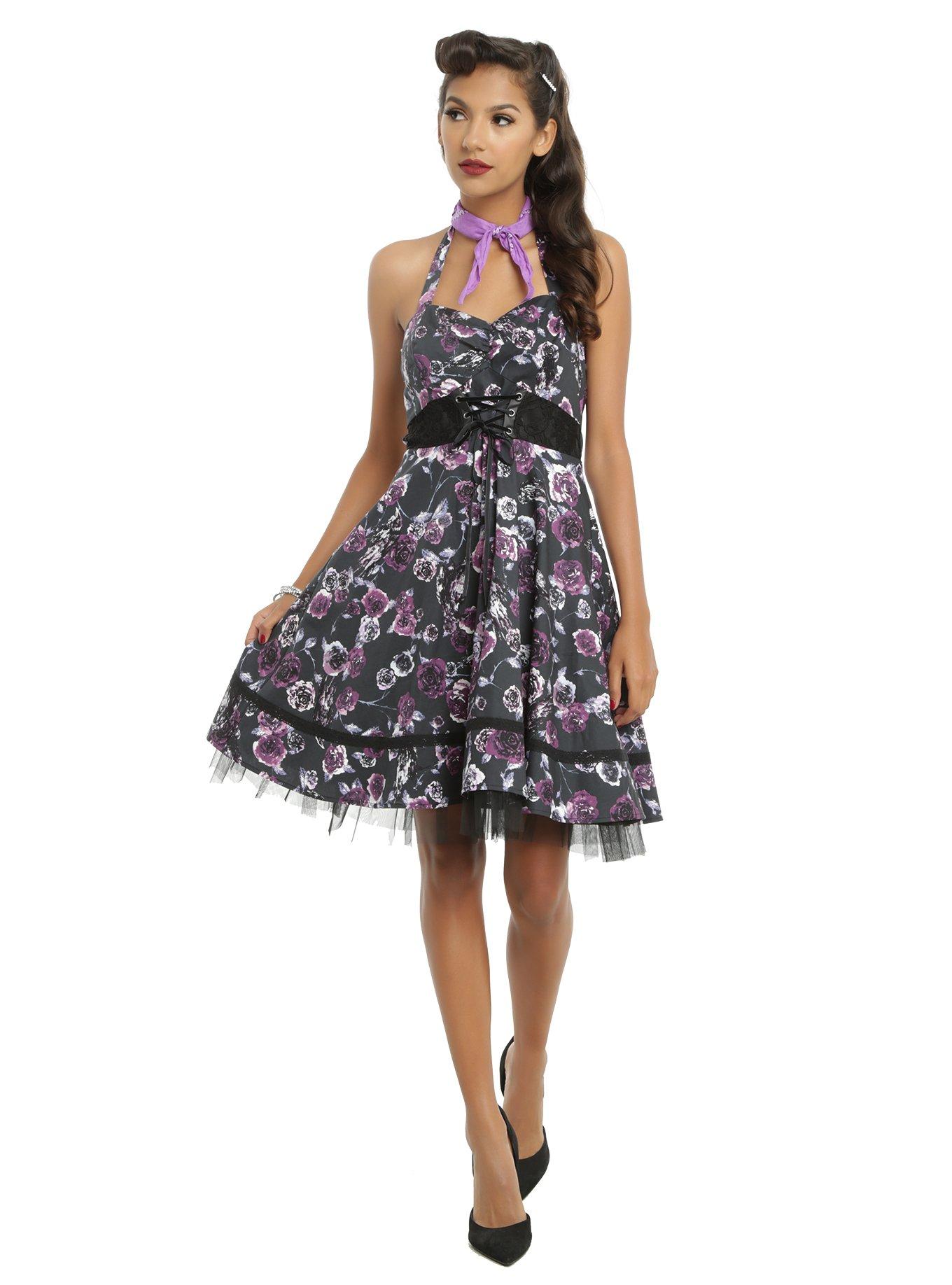 Black & Purple Floral Raven Halter Dress, , alternate