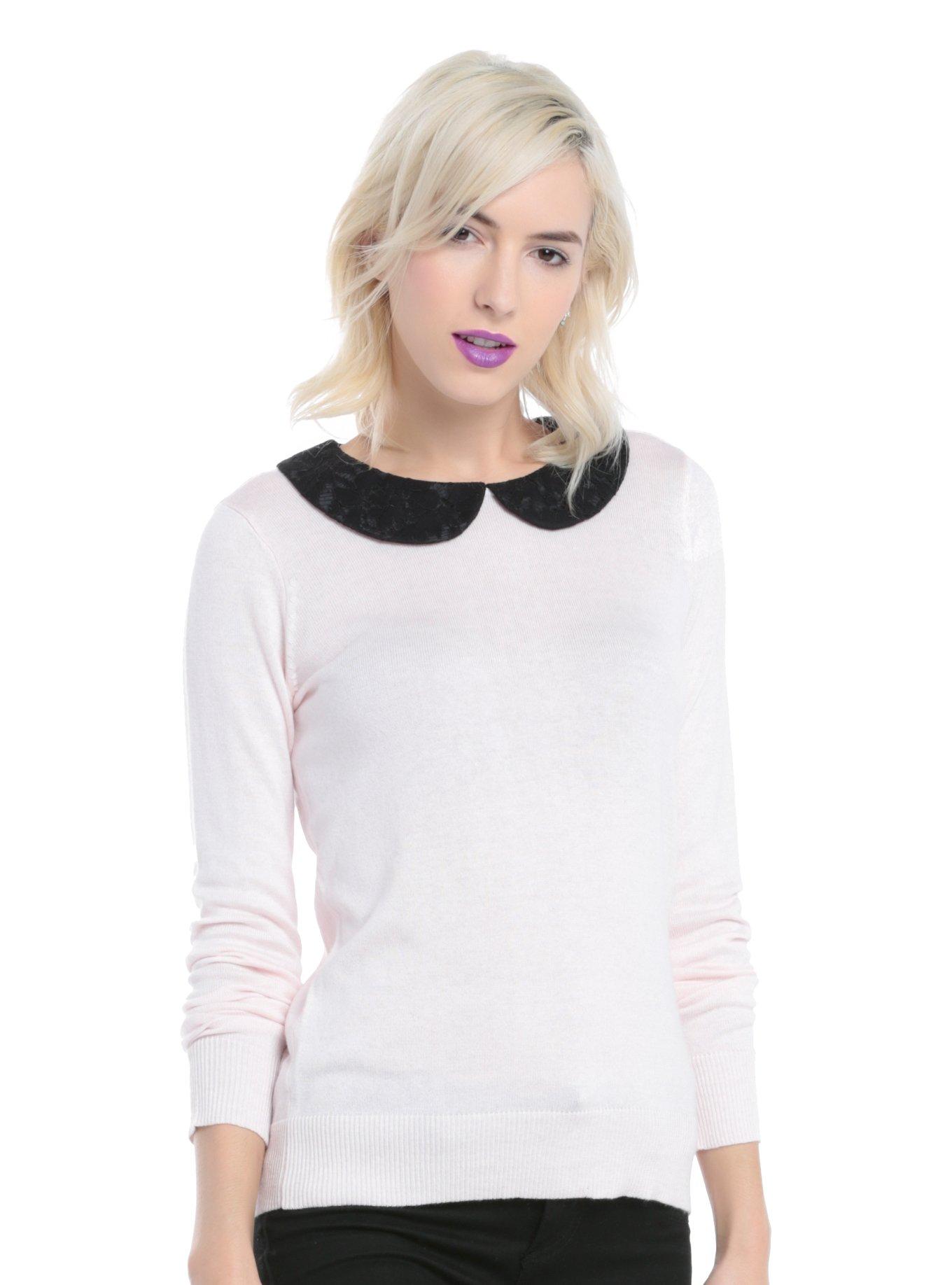 Pink & Black Peter Pan Collar Button Back Girls Sweater, , alternate