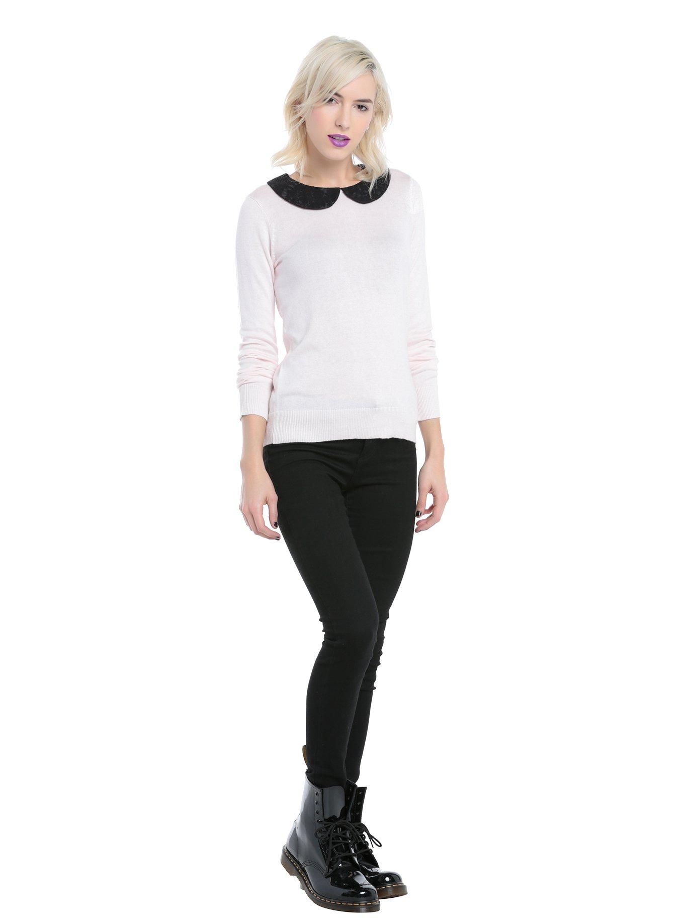 Pink & Black Peter Pan Collar Button Back Girls Sweater, , alternate