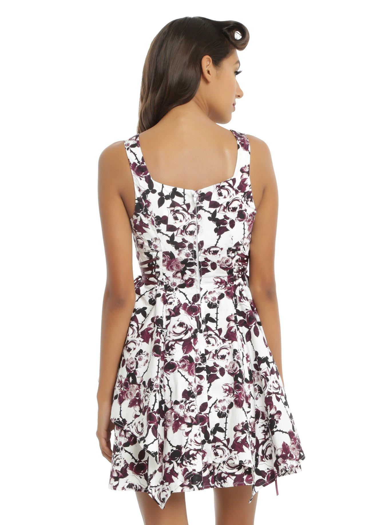 White & Burgundy Floral Side Lace-Up Asymmetrical Hem Dress , , alternate