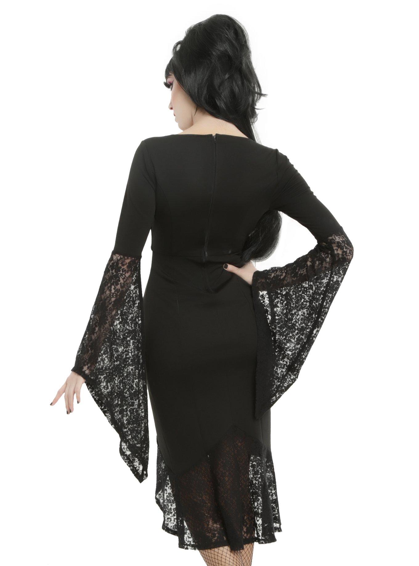 Deep V-Neck Lace Bell Sleeve Dress, , alternate