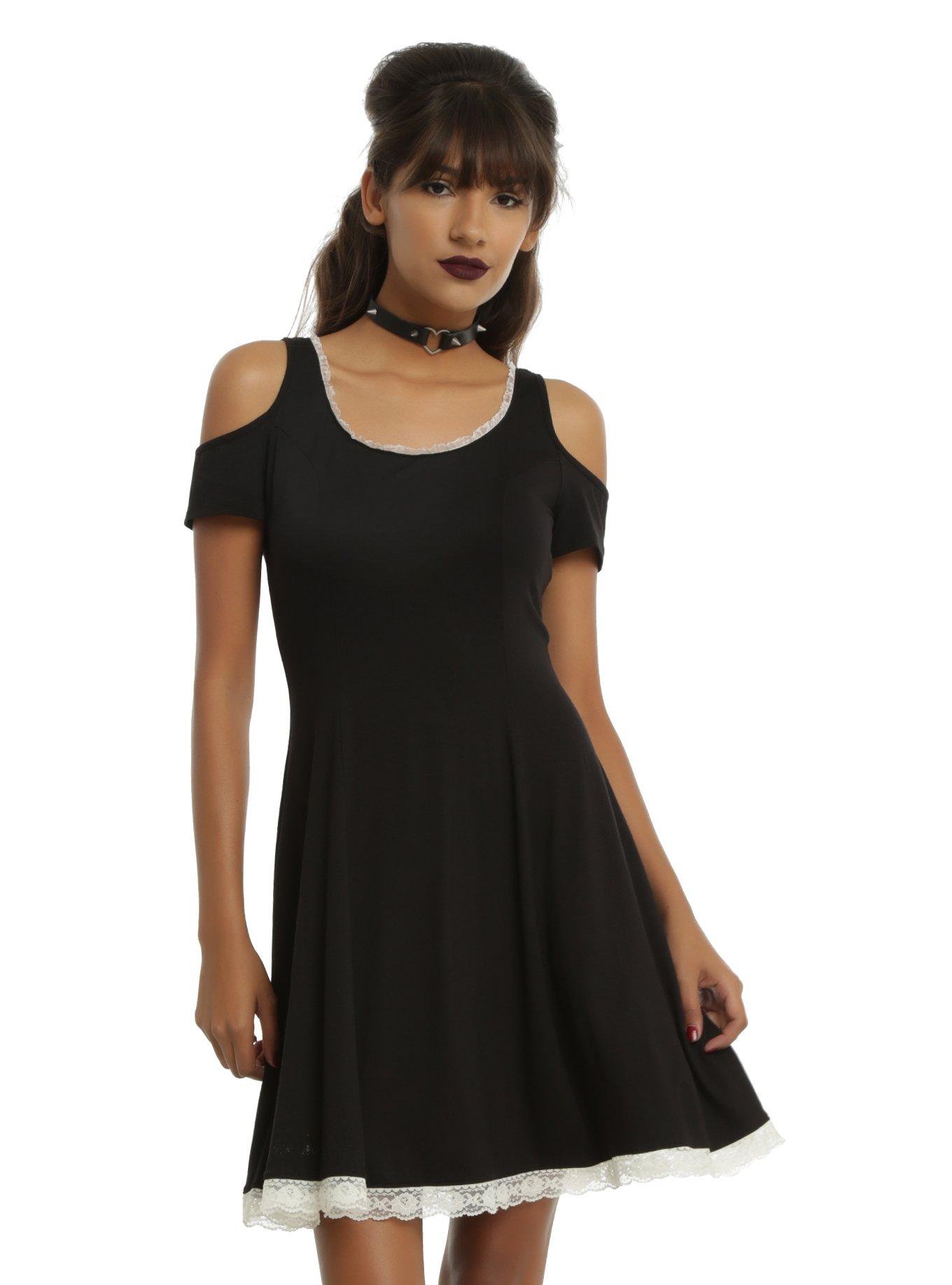 Black Skull Back Cold Shoulder Dress, , alternate