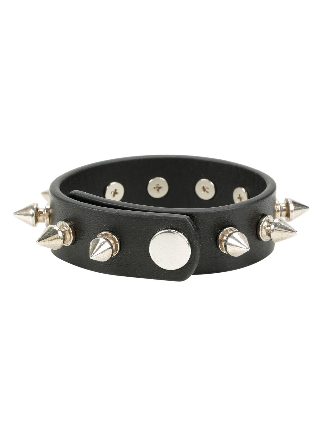 Single Row Black Faux Leather Spike Cuff, , alternate