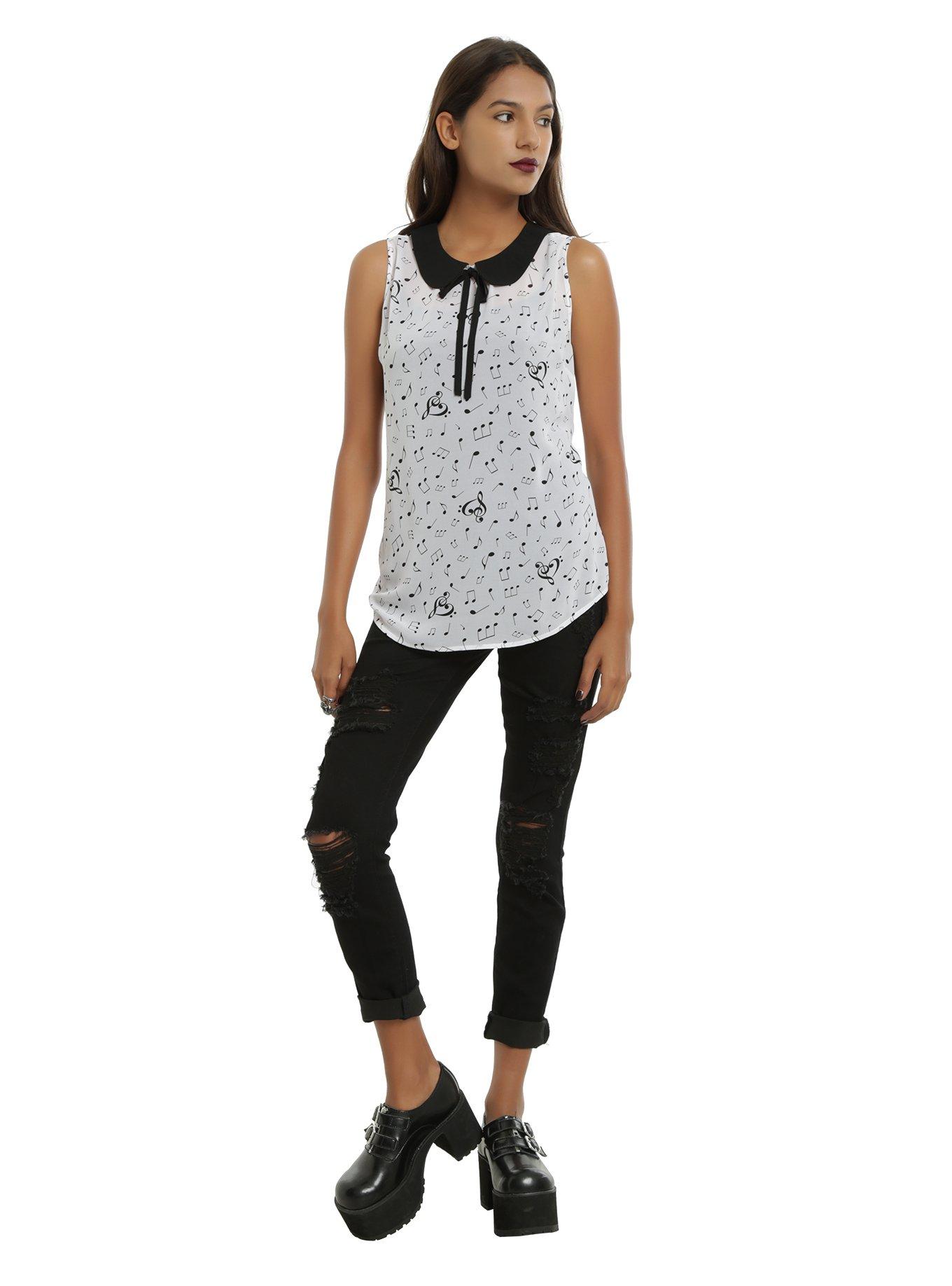 White & Black Music Note Girls Sleeveless Chiffon Top, , alternate