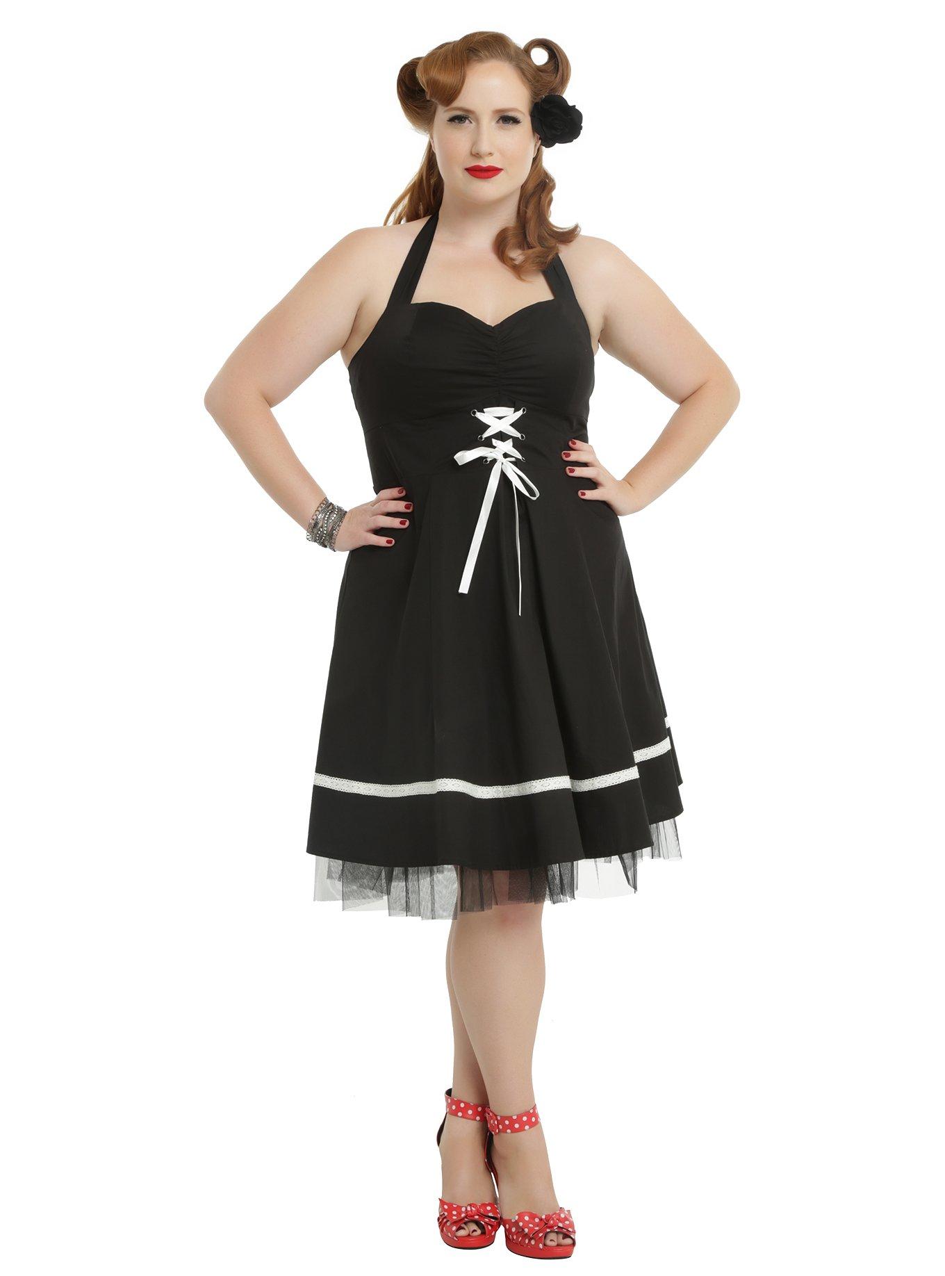 Black & White Lace-Up Halter Dress Plus Size, , alternate