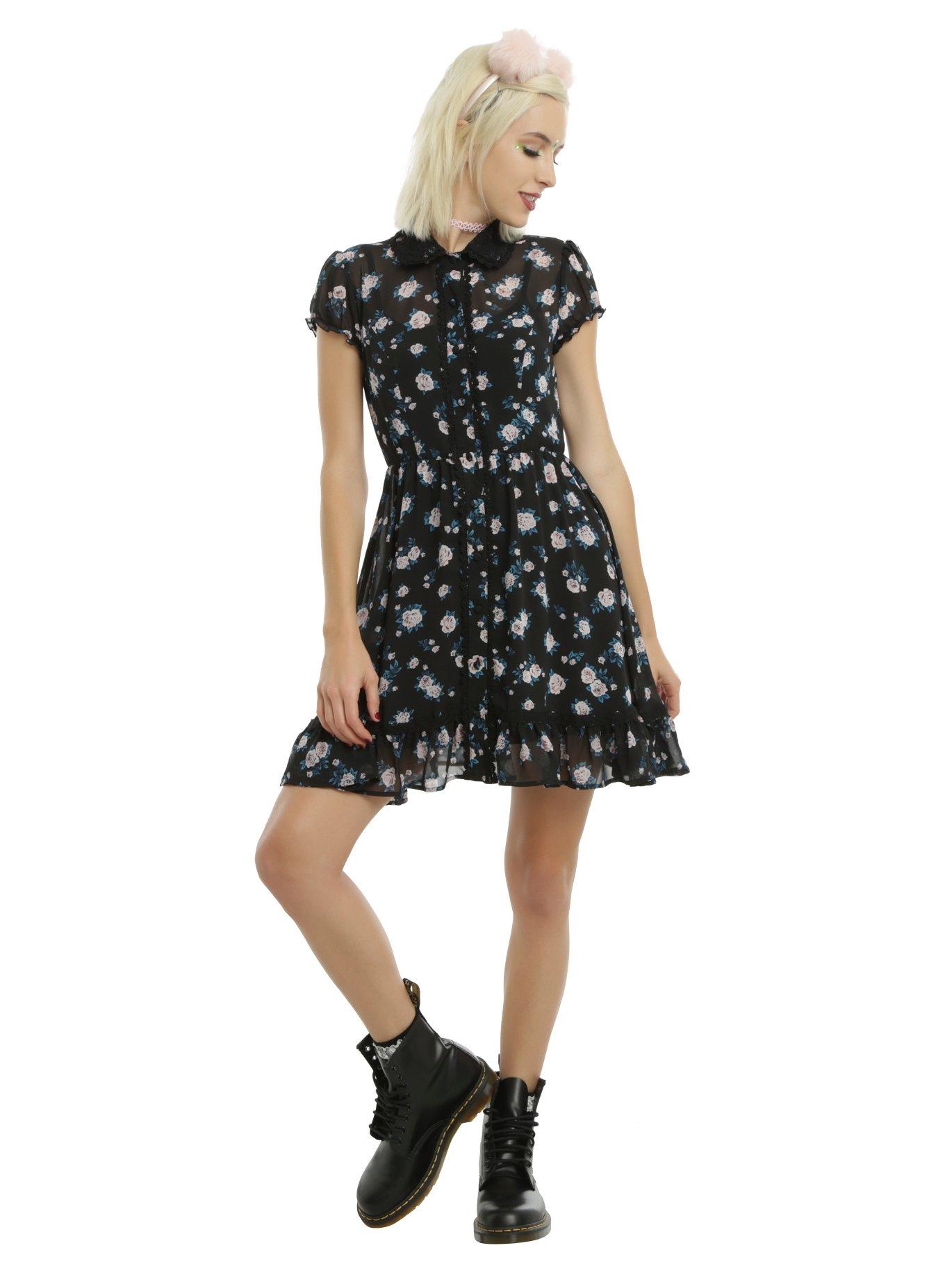 Floral Button-Down Chiffon Lace Collar Dress, , alternate