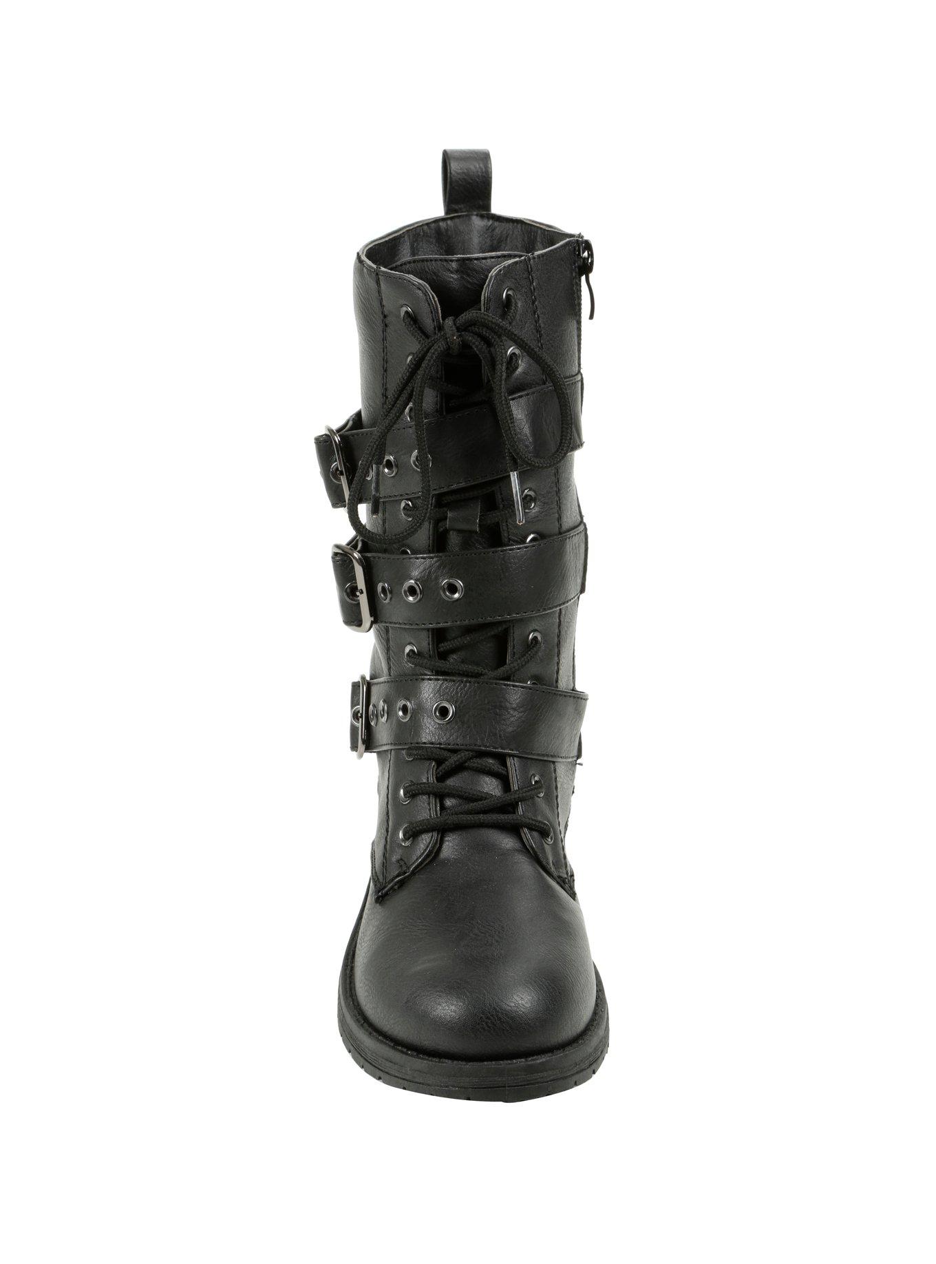 Black Triple Buckle Combat Boots, , alternate