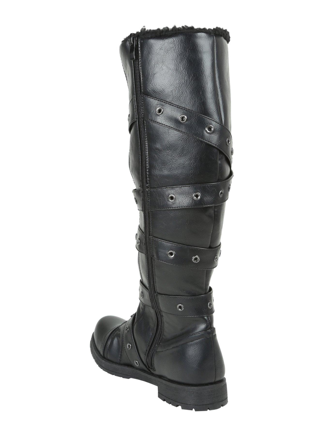 Black Sherpa Lined Knee-High Buckle Boots, , alternate