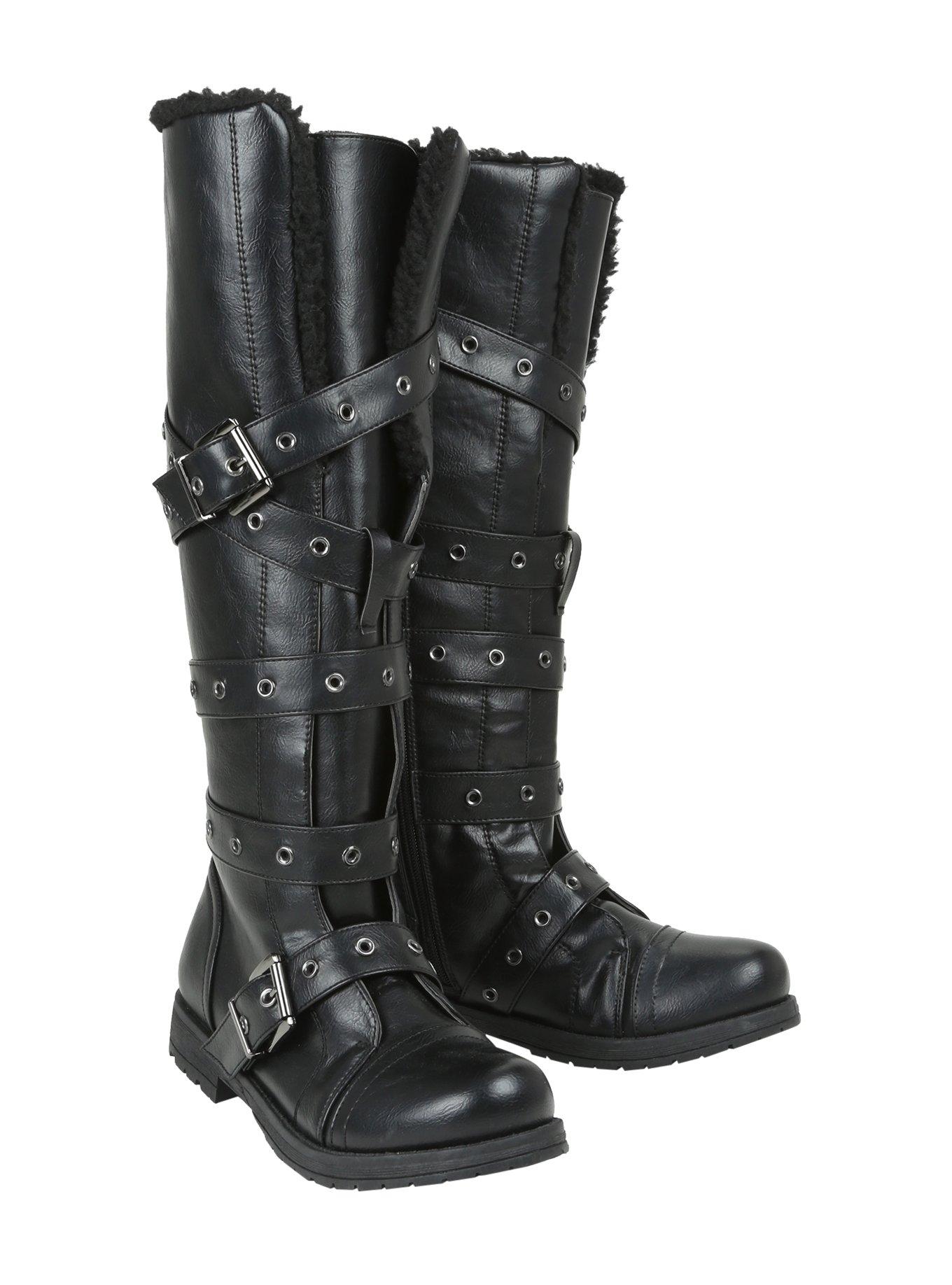 Black Sherpa Lined Knee-High Buckle Boots, , alternate
