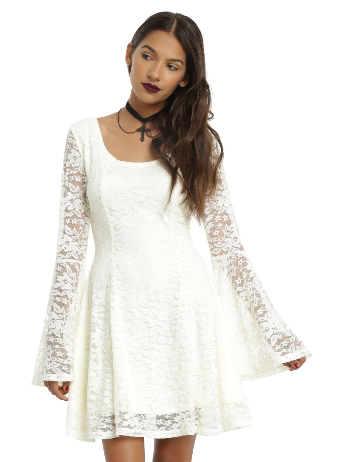 Ivory Lace Long Bell Sleeve Skater Dress, , alternate