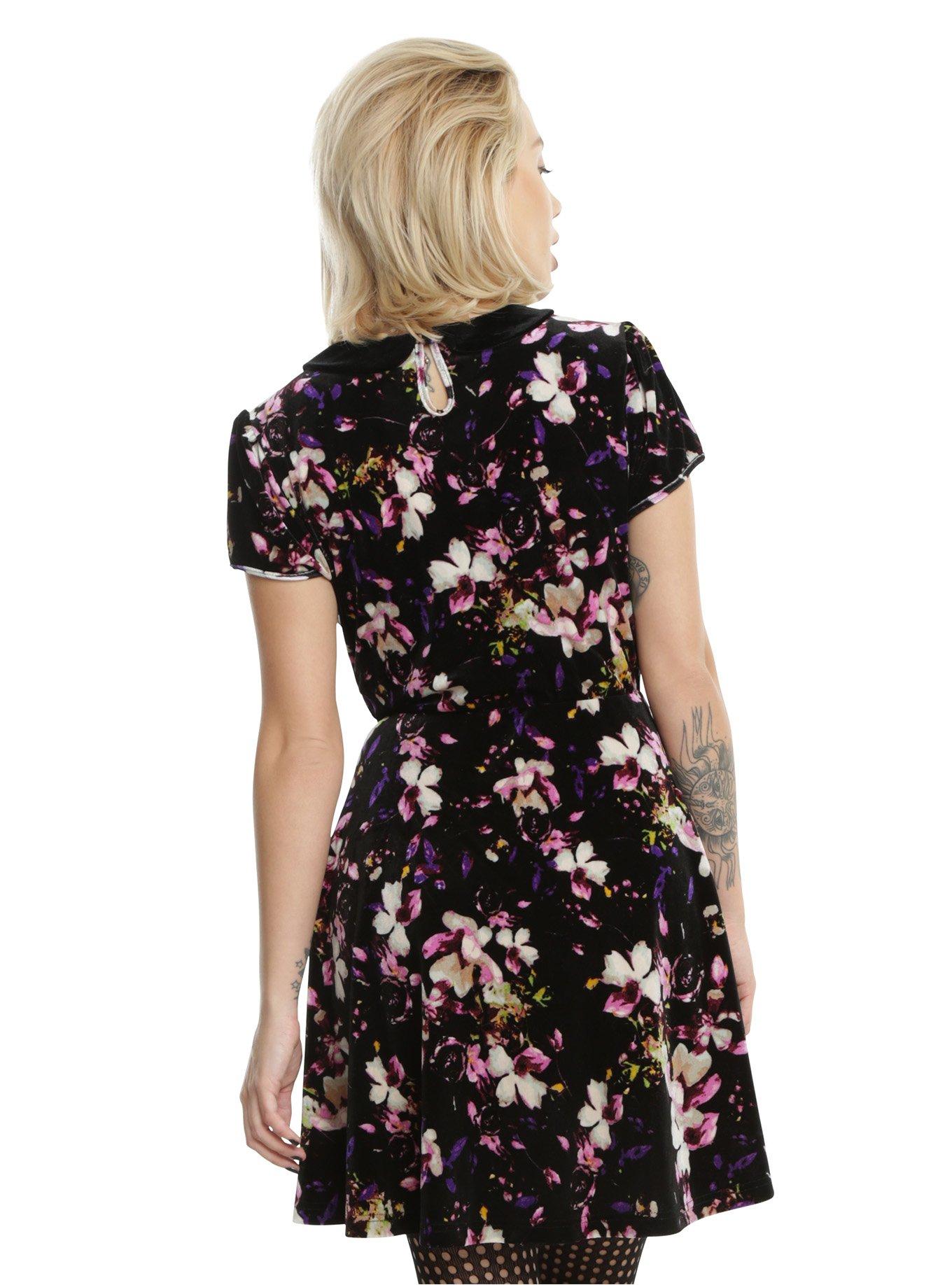 Black Floral Velvet Peter Pan Collar Skater Dress, , alternate