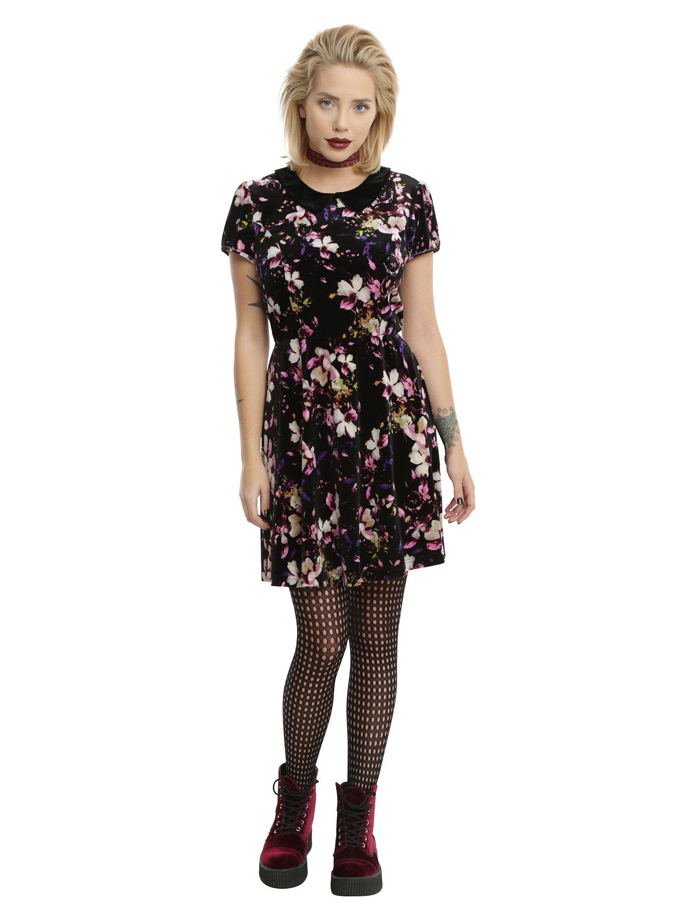 Black Floral Velvet Peter Pan Collar Skater Dress, , alternate