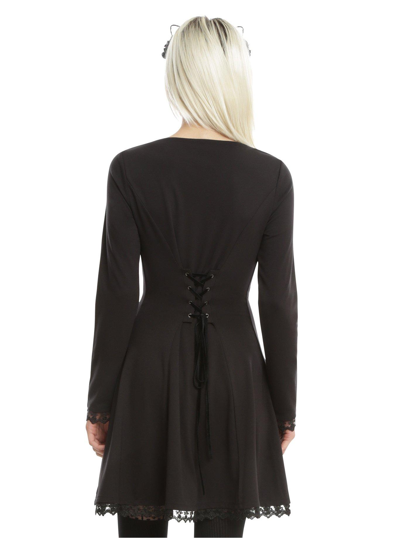 Black Lace-Up Back Long-Sleeve Dress, , alternate