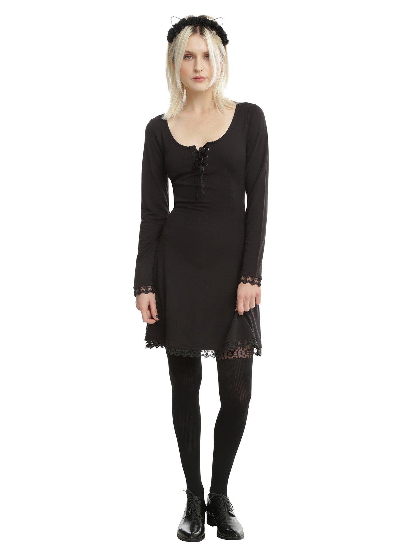 Black Lace-Up Back Long-Sleeve Dress, , alternate