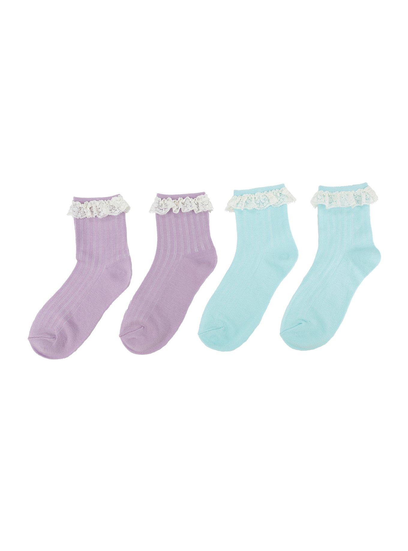 Blackheart Purple & Mint Lace Accented Ankle Socks, , alternate