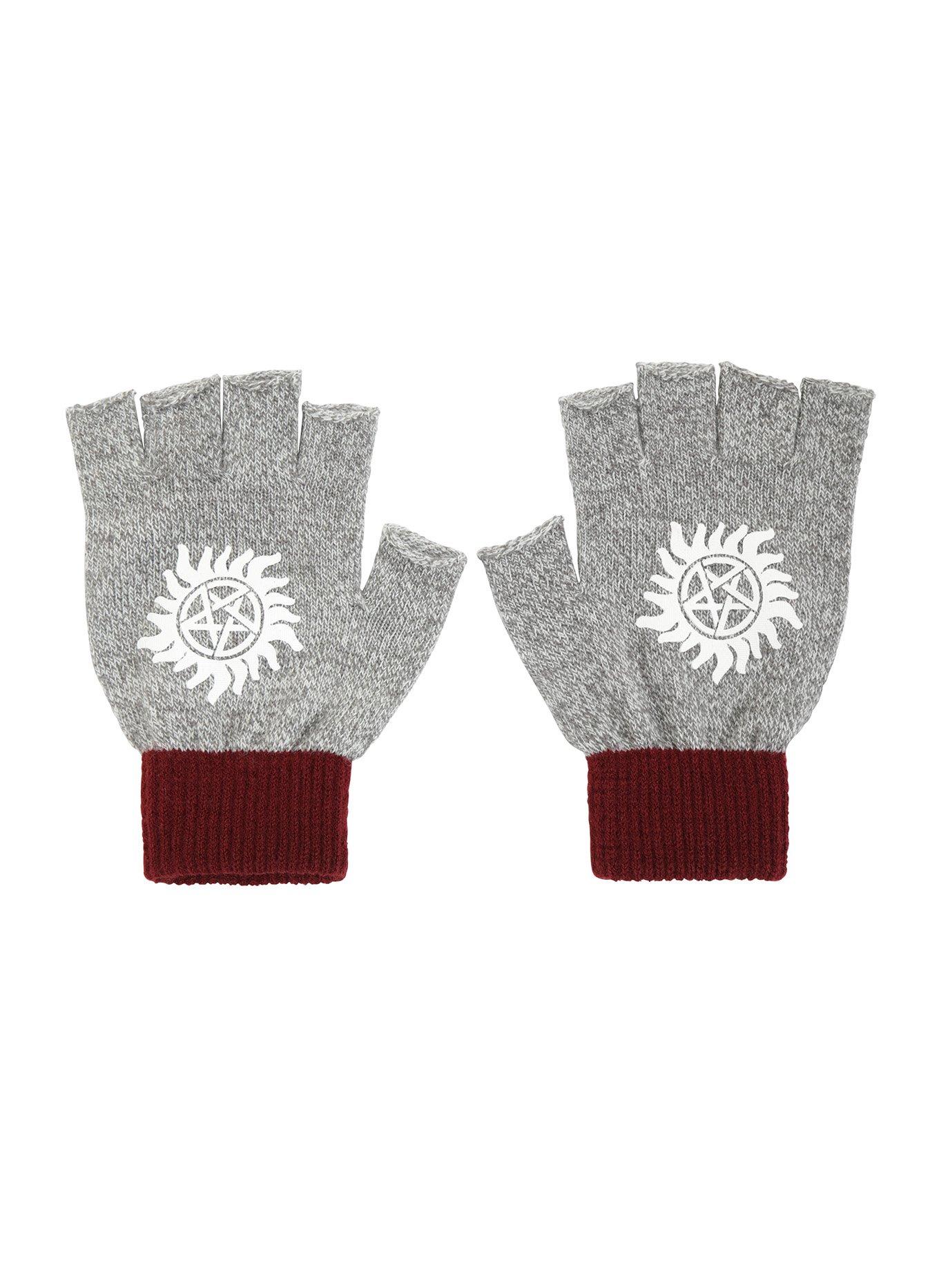 Supernatural Grey & Maroon Fingerless Gloves, , alternate