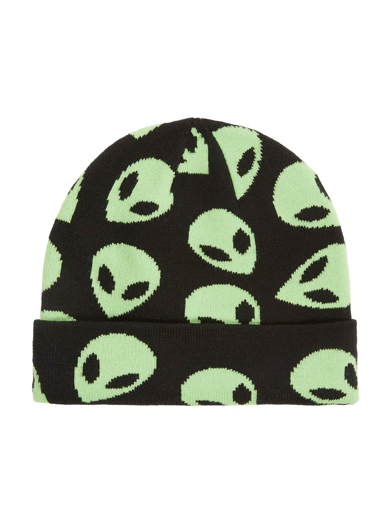 Black & Green Alien Intarsia Beanie, , alternate