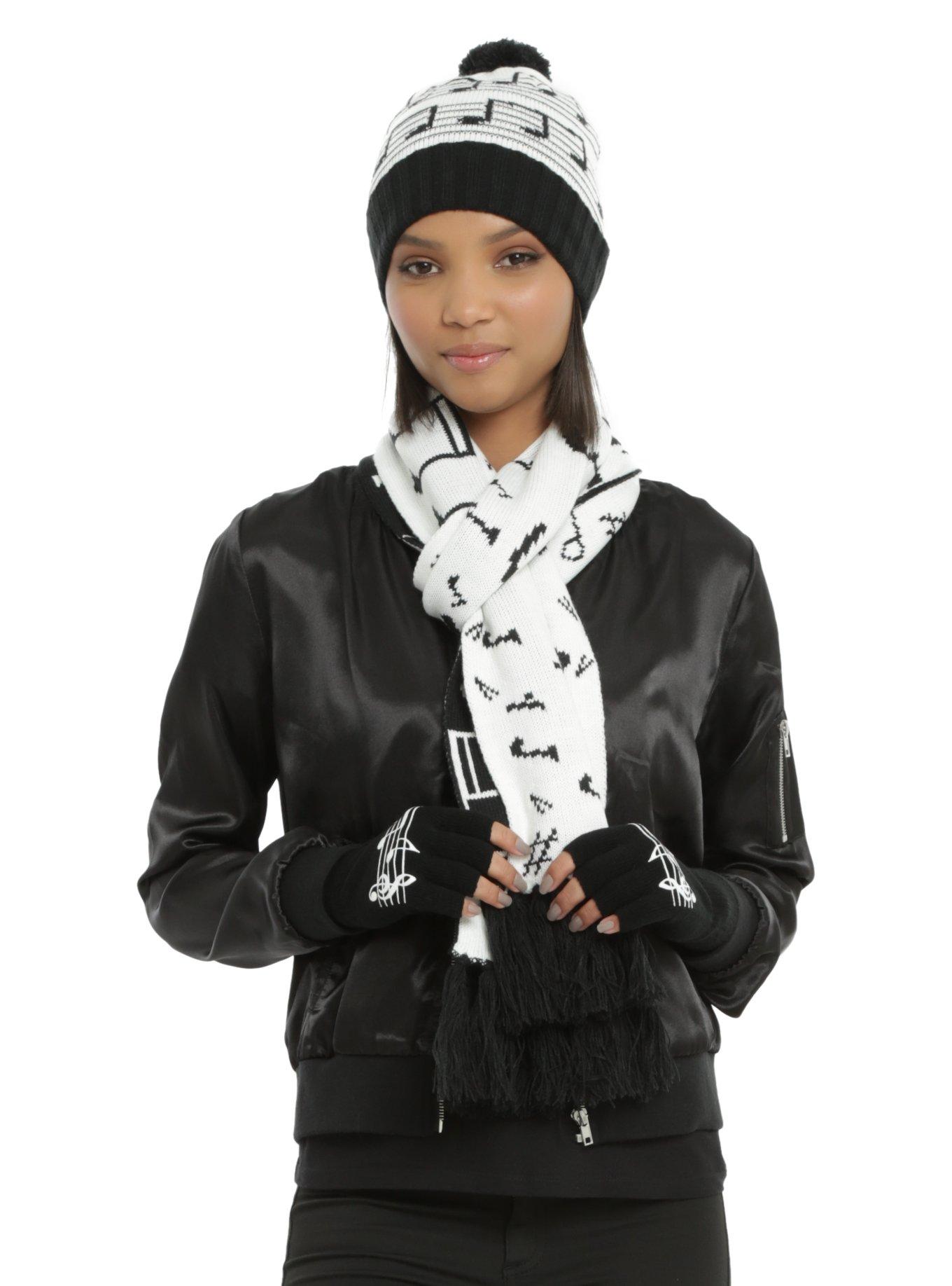 Black & White Music Note Fingerless Gloves, , alternate