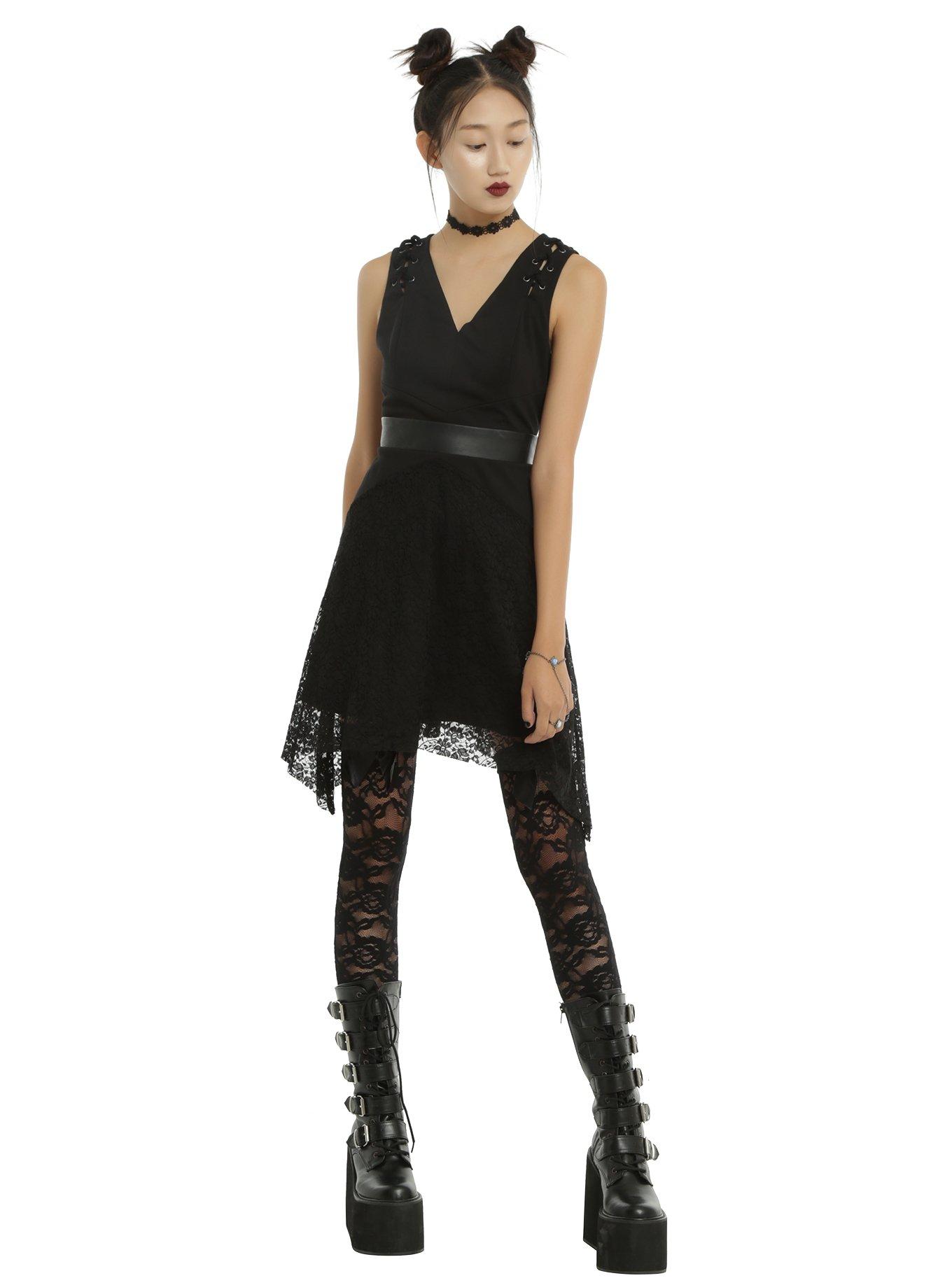 Black Sleeveless Lace Detail Dress, , alternate
