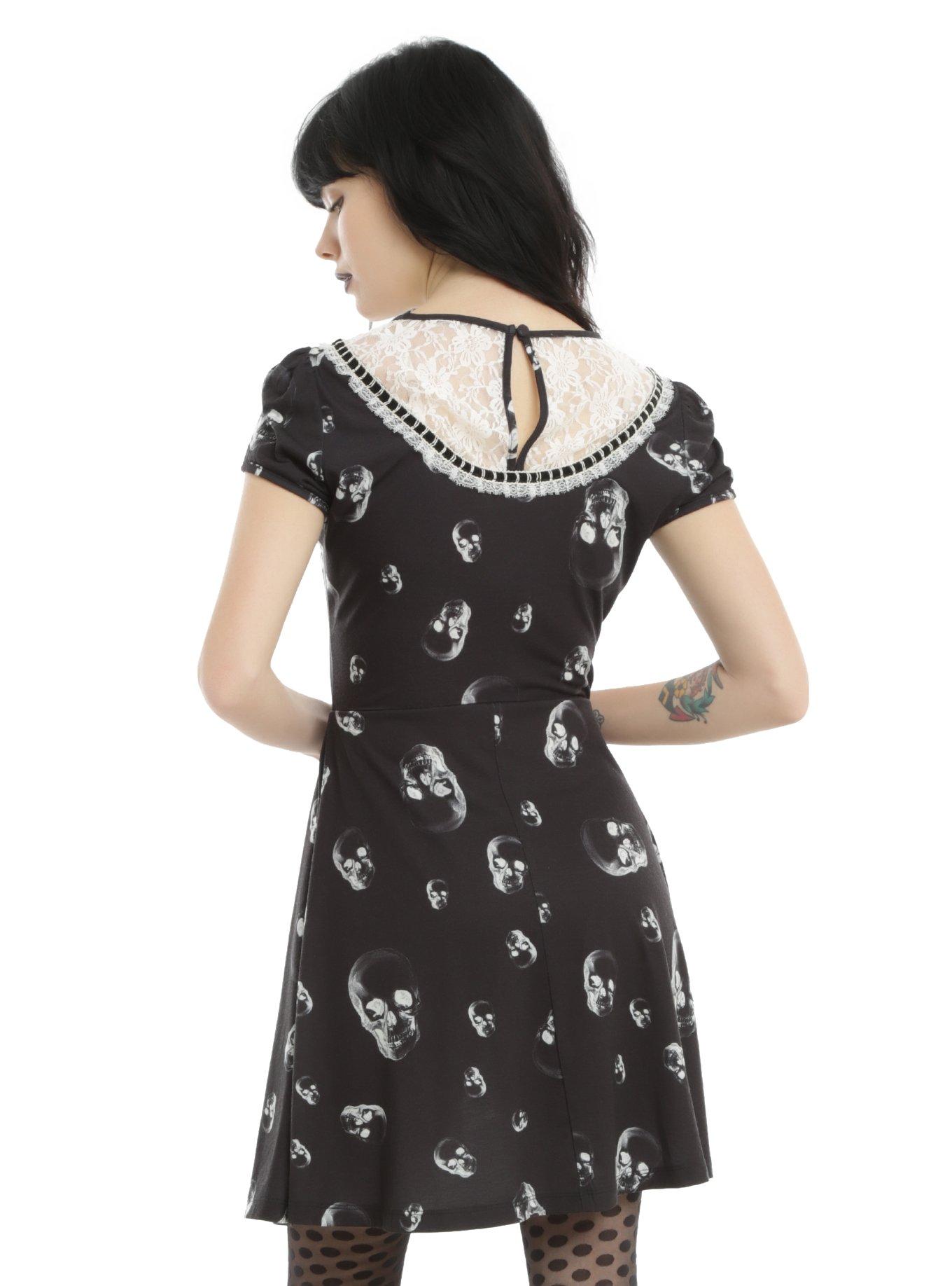 Black & White Skull Print Lace Bib Skater Dress, , alternate