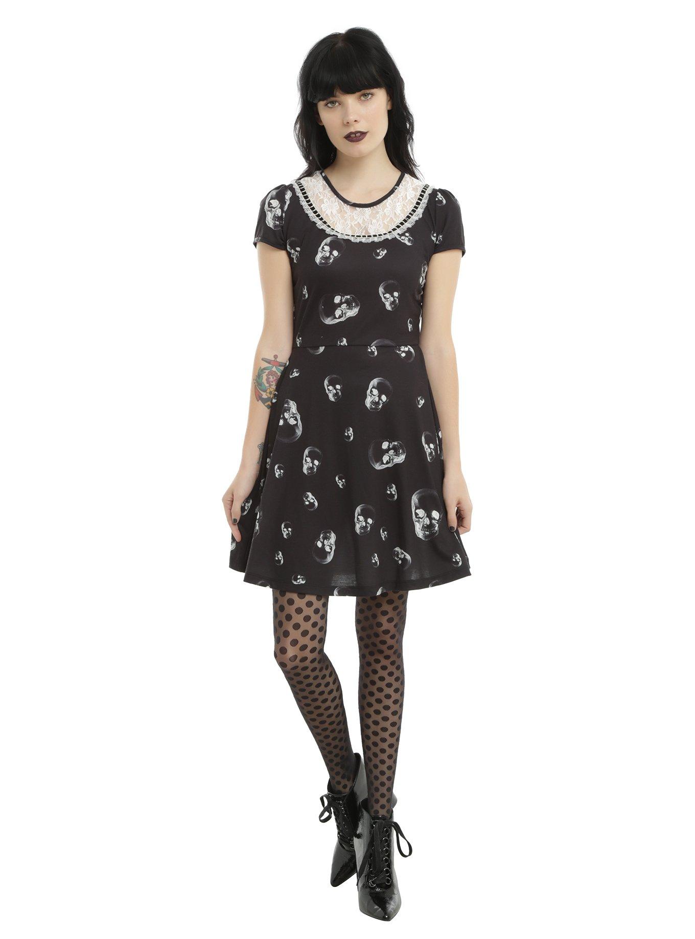 Black & White Skull Print Lace Bib Skater Dress, , alternate