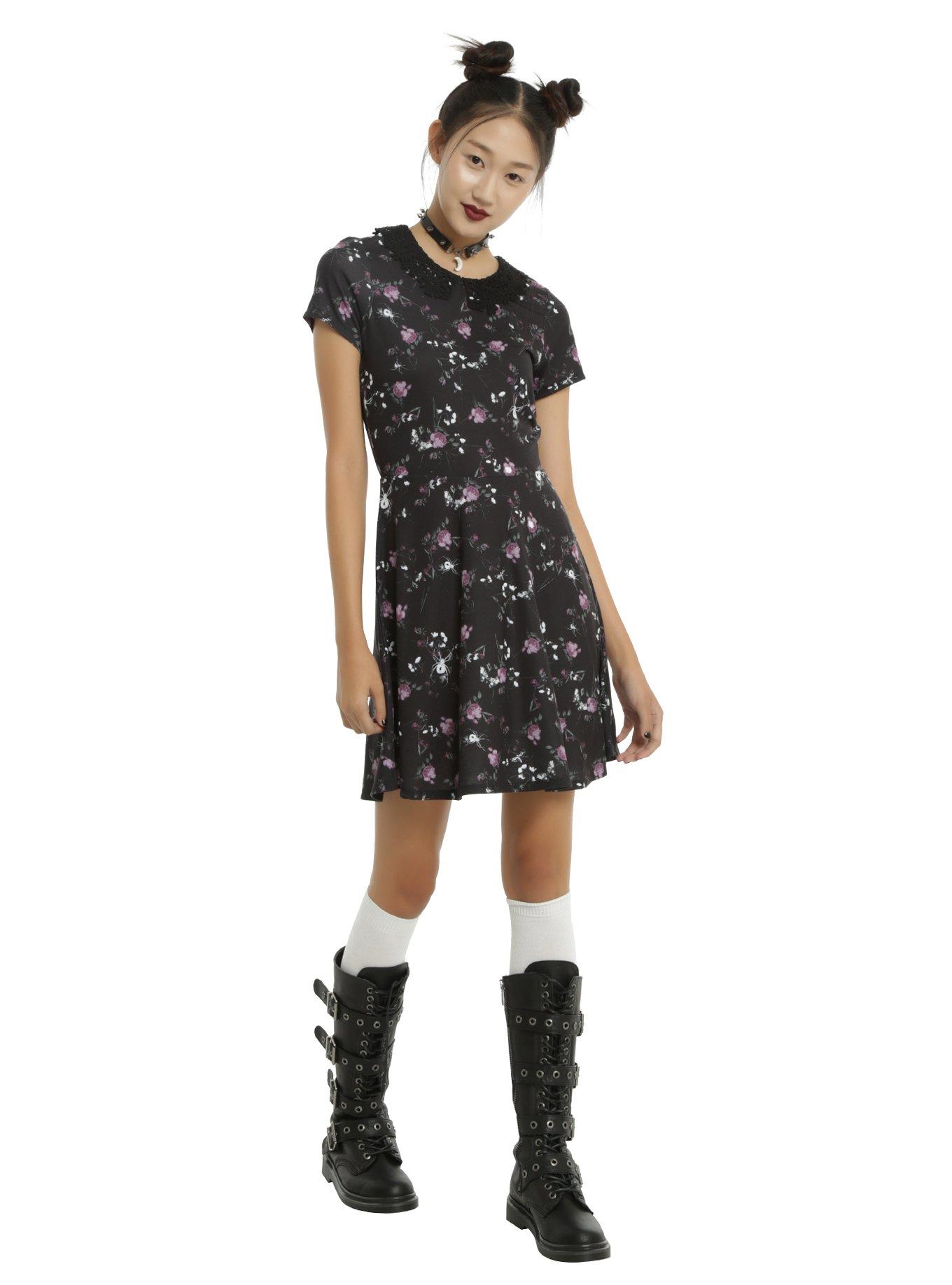 Black Floral & Bug Lace Collar Dress, , alternate