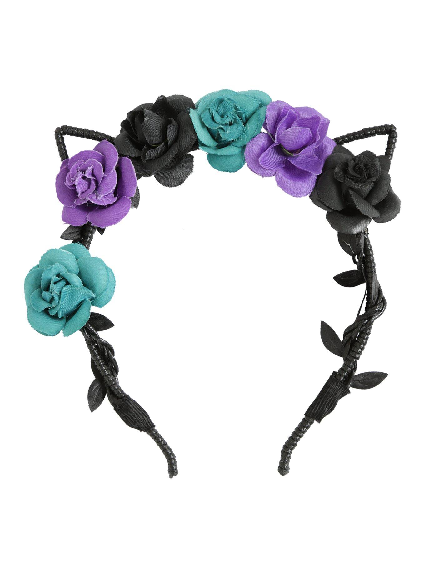 Teal Purple & Black Flower Cat Headband, , alternate