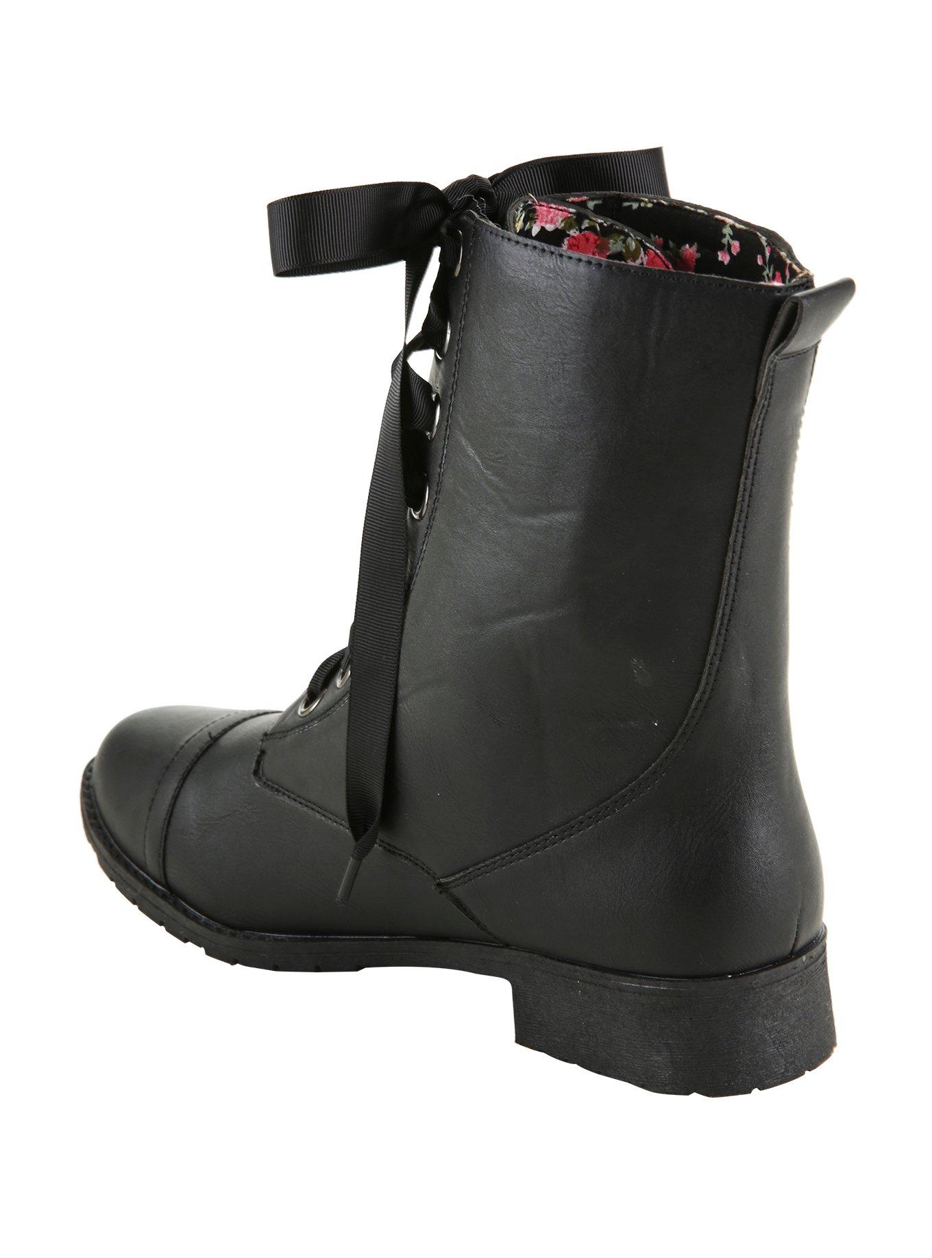 Black Floral Lined Wide Width Combat Boots, , alternate