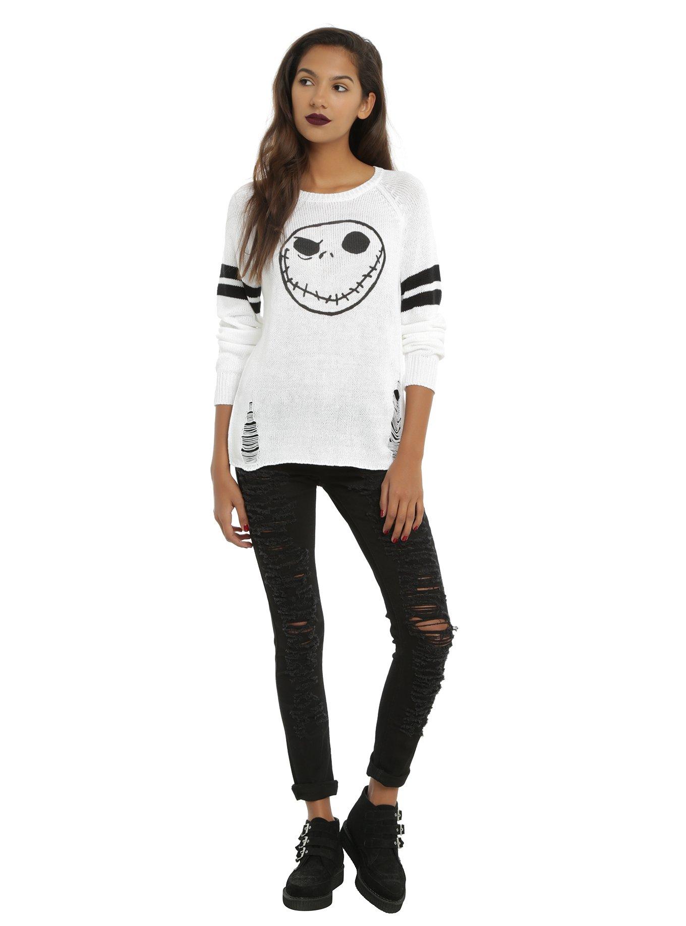 The Nightmare Before Christmas Jack Skellington Girls Destructed Sweater, WHITE, alternate