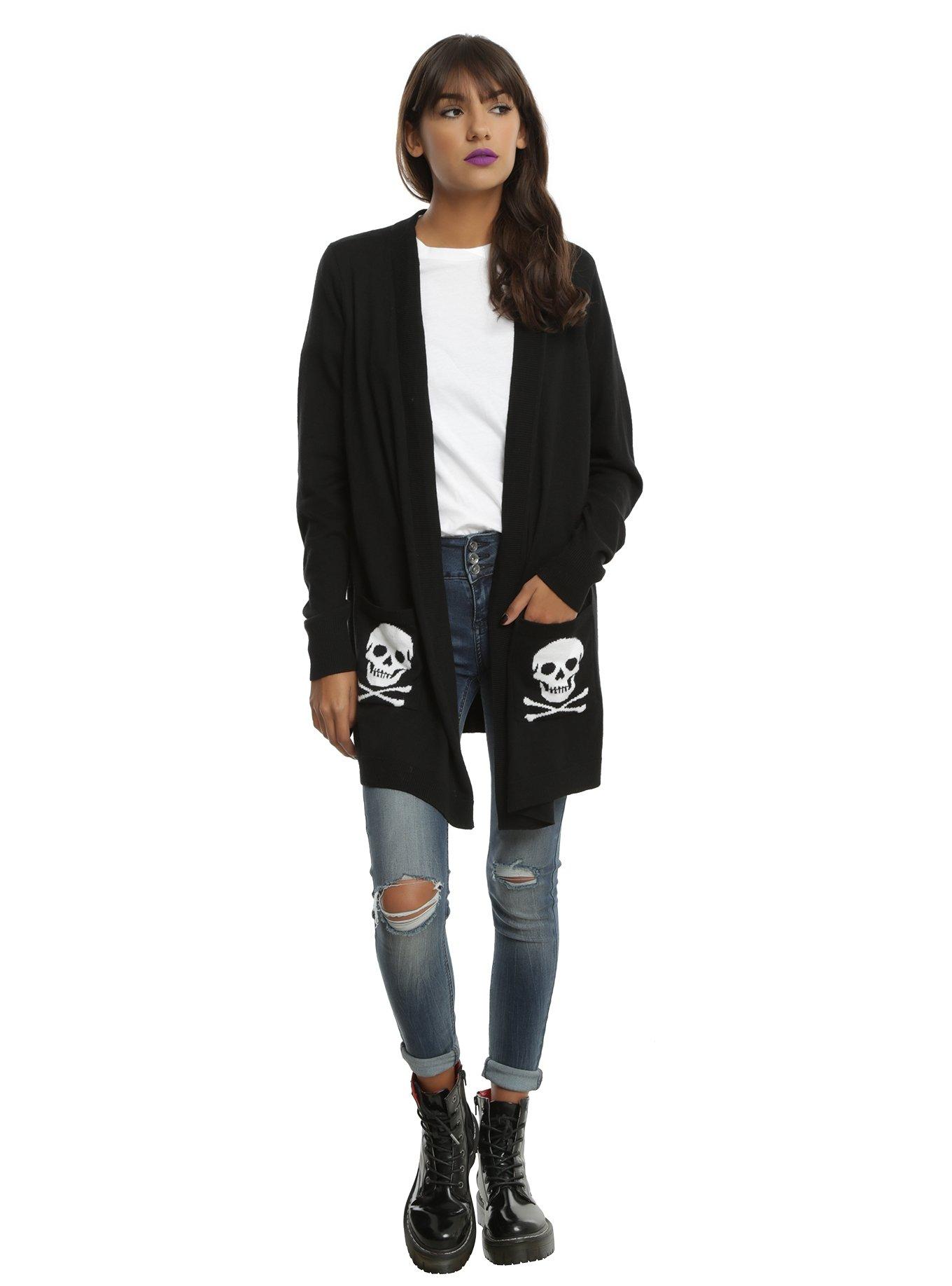 Black Skull & Crossbones Girls Flyaway Cardigan, , alternate