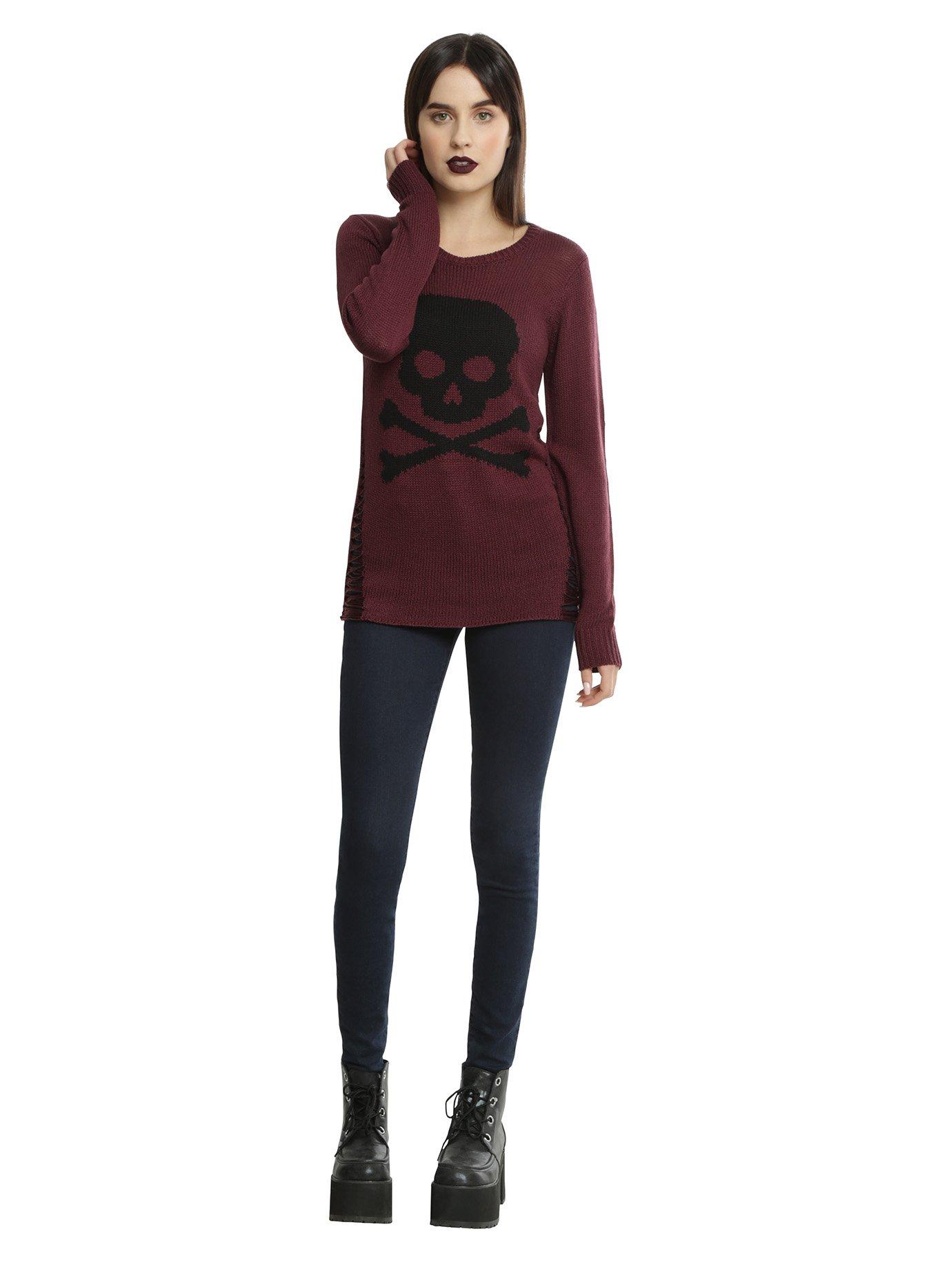 Burgundy & Black Skull Destructed Girls Sweater, , alternate