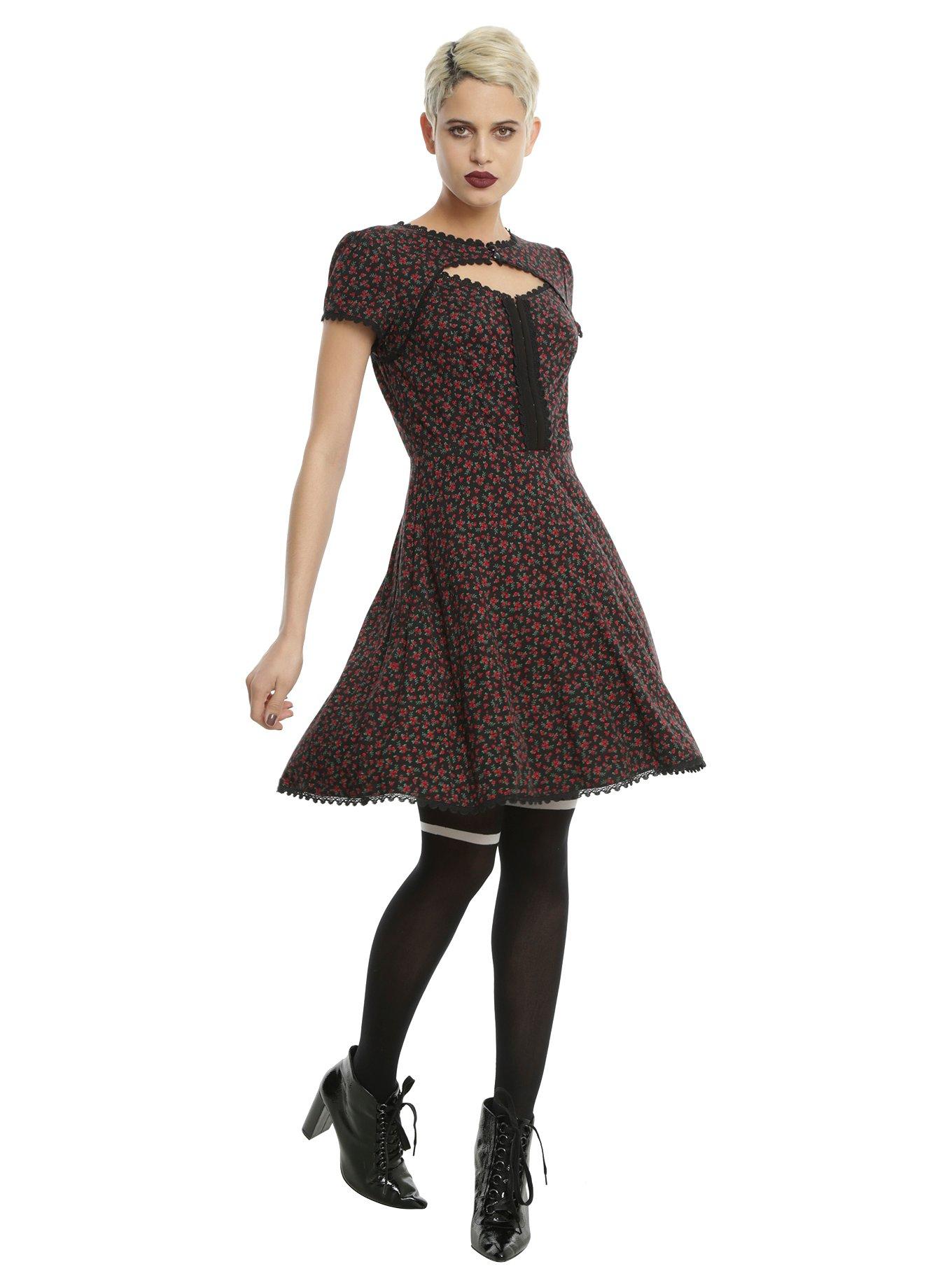 Black & Red Miniature Roses Rockabilly Dress, , alternate