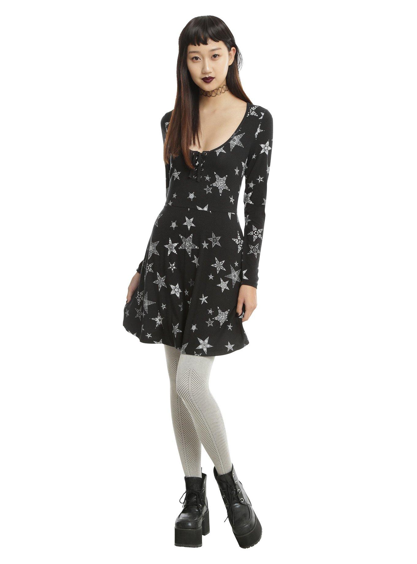 Black & White Star Long-Sleeve Skater Dress, , alternate