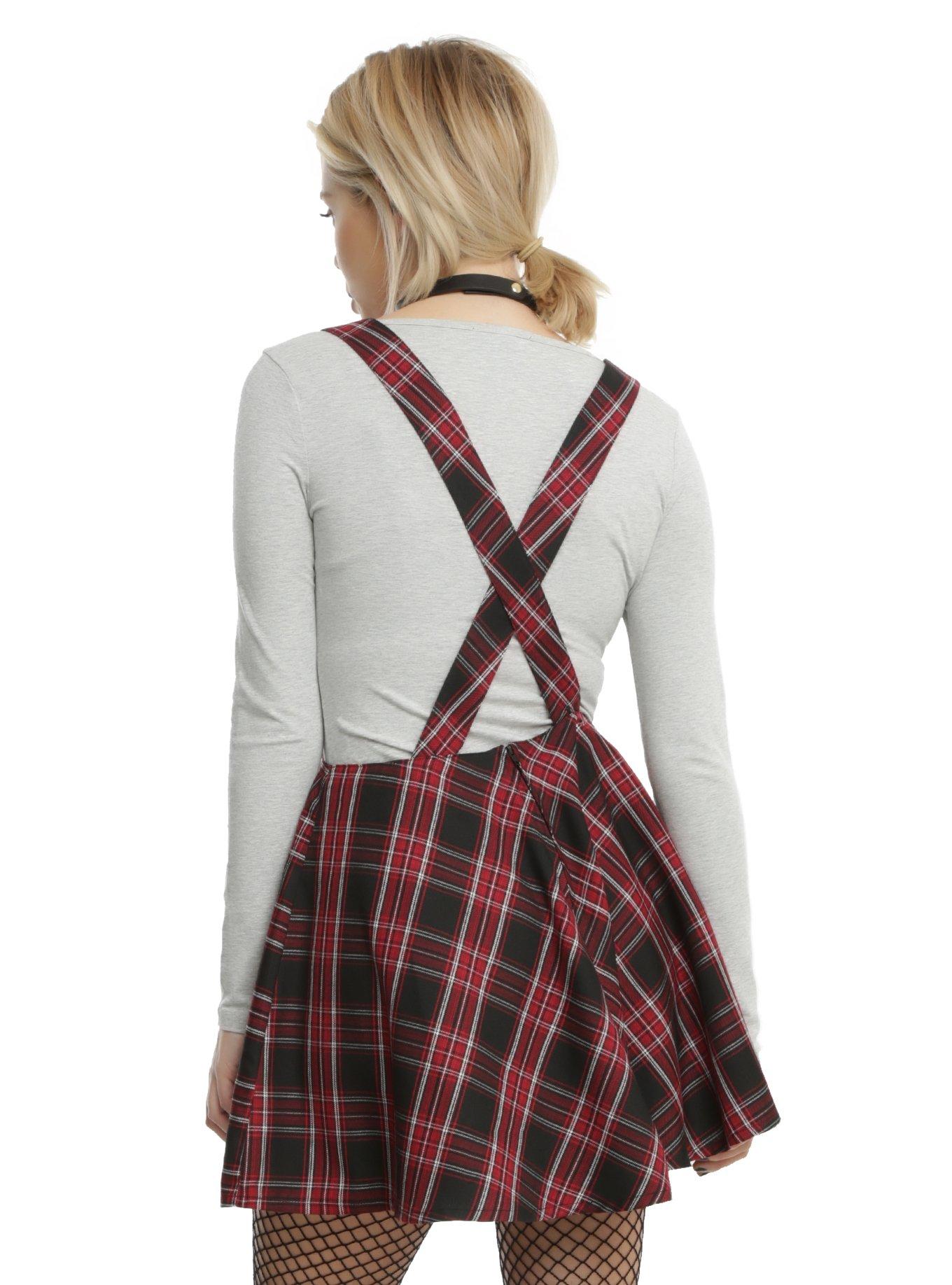 Red & Black Plaid Suspender Skirt, , alternate