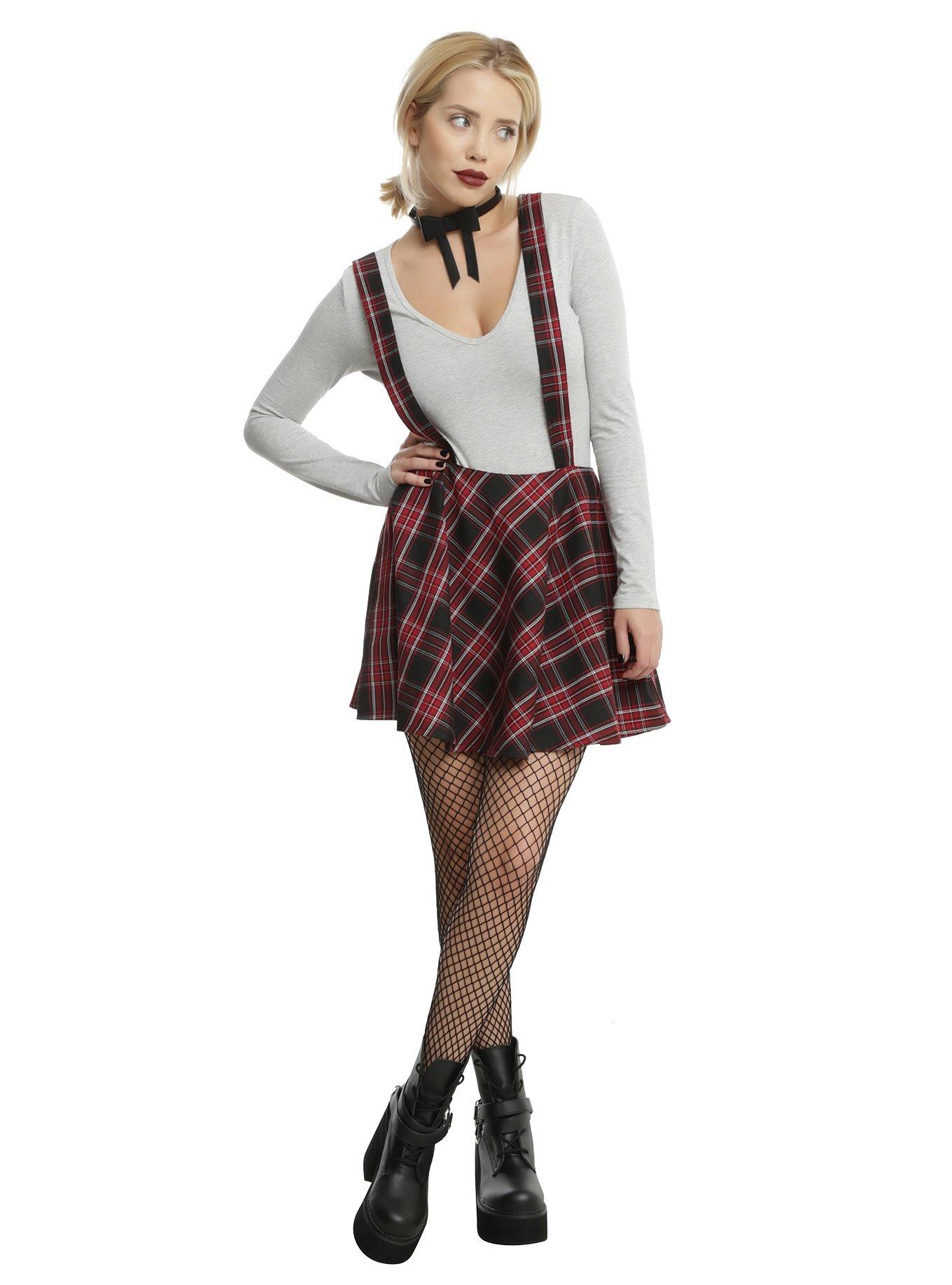 Red & Black Plaid Suspender Skirt, , alternate