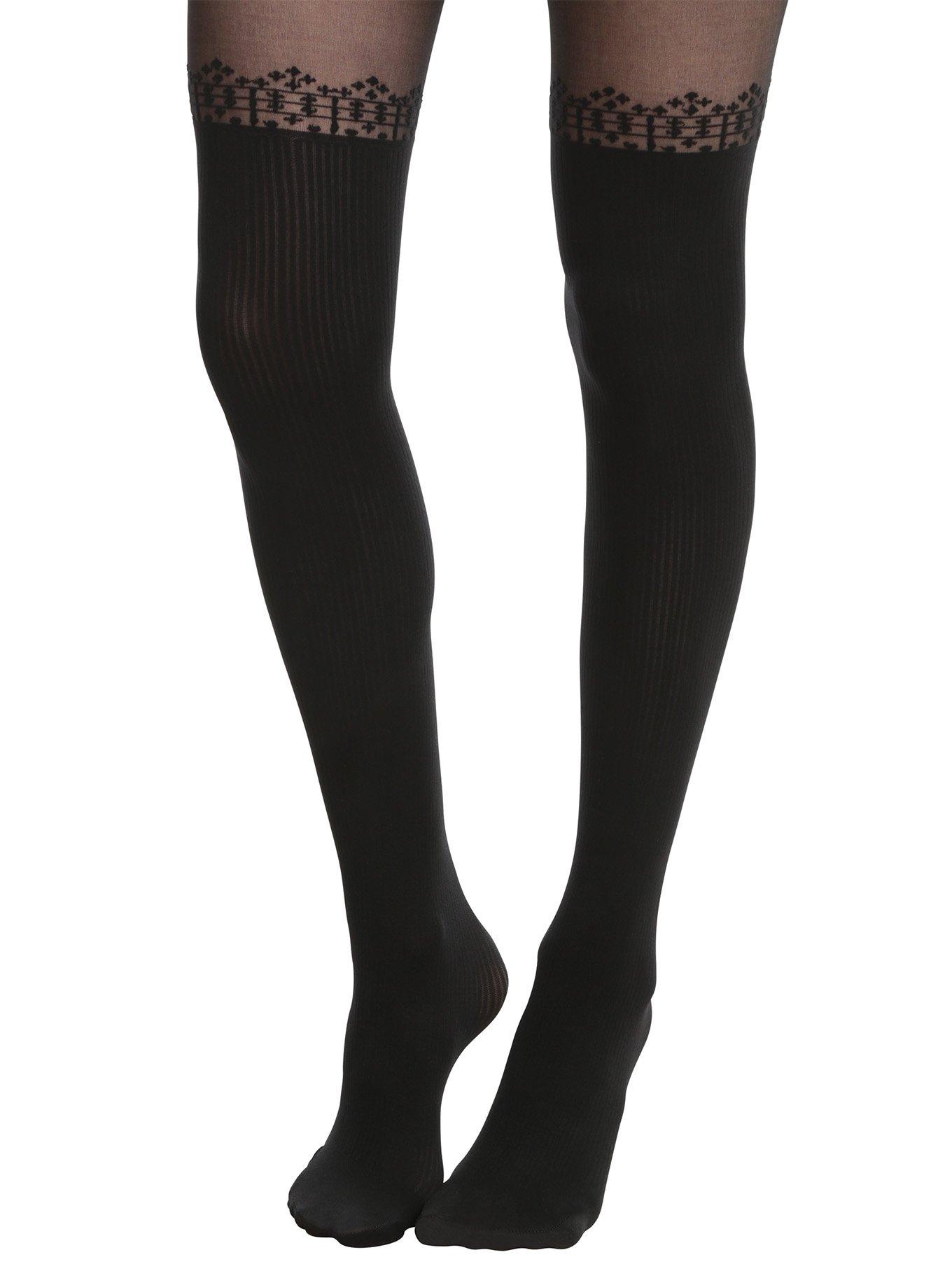 Blackheart Black Ribbed Faux Thigh High Tights, , alternate