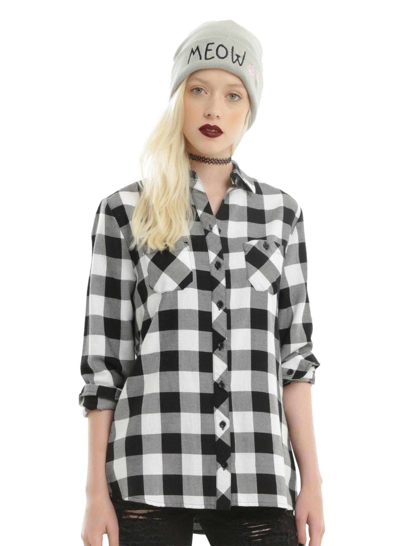 Black & White Plaid Studded Skull Girls Woven Button-Up, , alternate