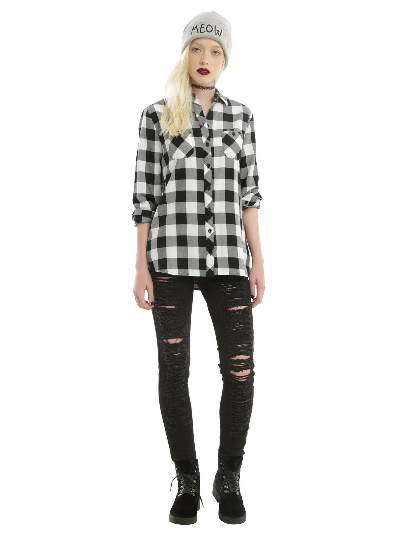 Black & White Plaid Studded Skull Girls Woven Button-Up, , alternate