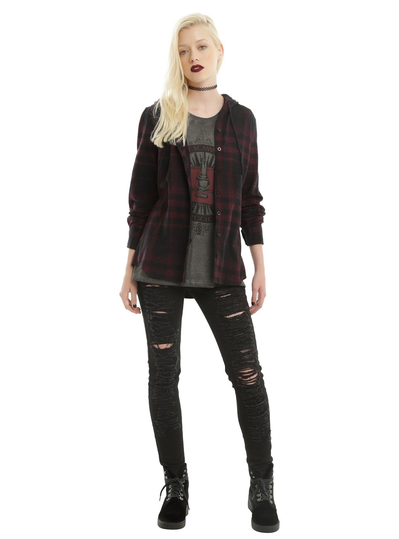 Burgundy & Black Plaid Hooded Girls Woven Button-Up, , alternate